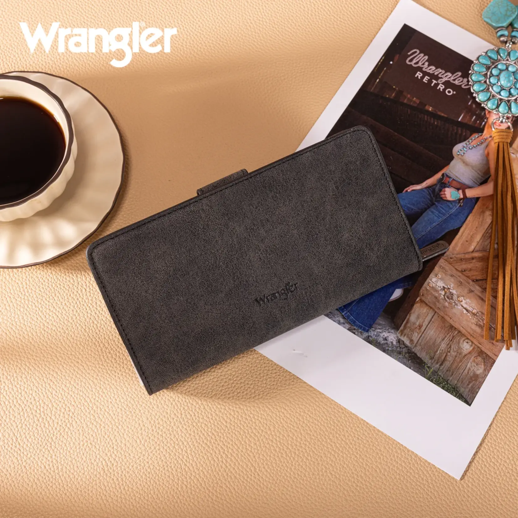 Wrangler WG339-W080BK - Black - Wrangler Western Floral Tooled RFID Wallet