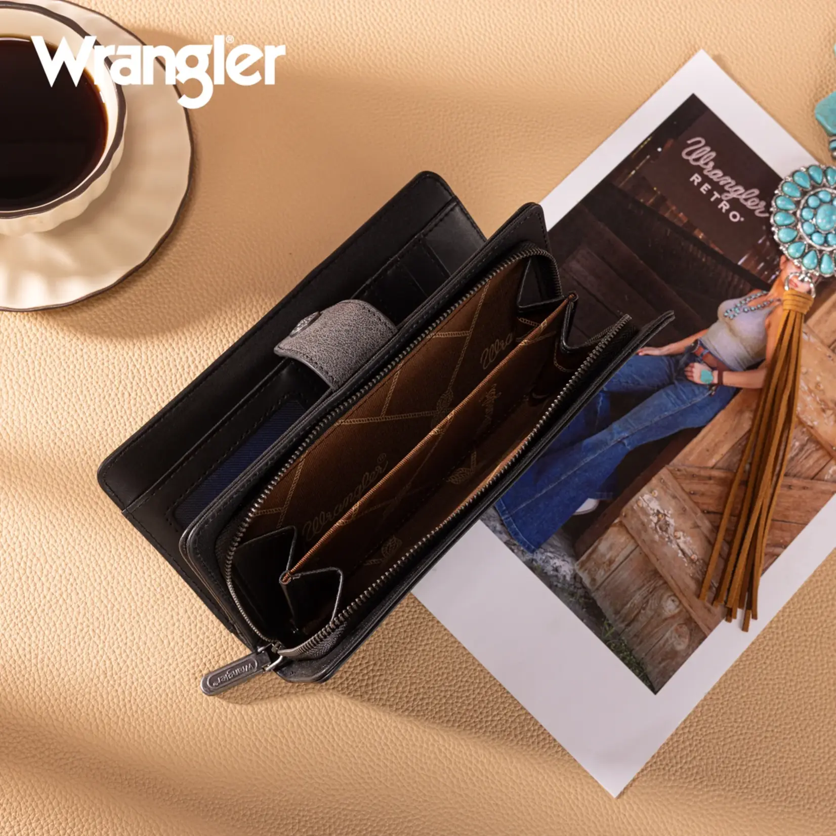 Wrangler WG339-W080BK - Black - Wrangler Western Floral Tooled RFID Wallet