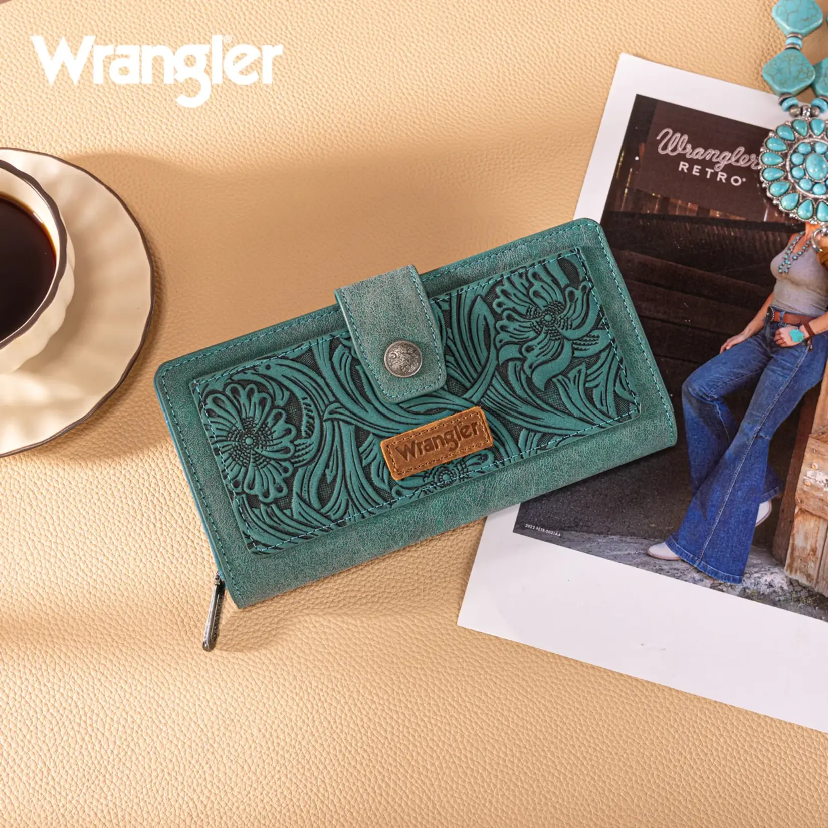 Wrangler WG339-W080TQ - Turquoise - Wrangler Western Floral Tooled RFID Wallet