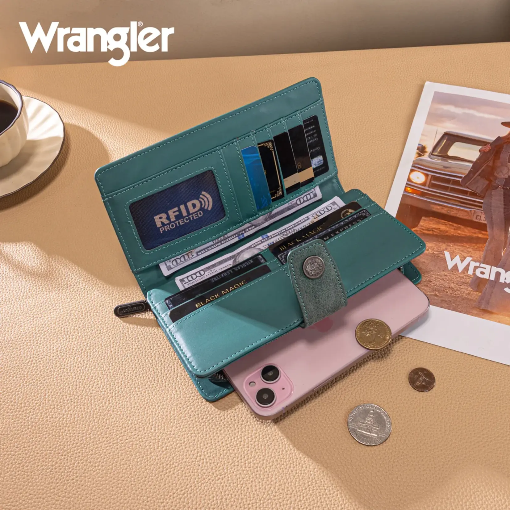 Wrangler WG339-W080TQ - Turquoise - Wrangler Western Floral Tooled RFID Wallet