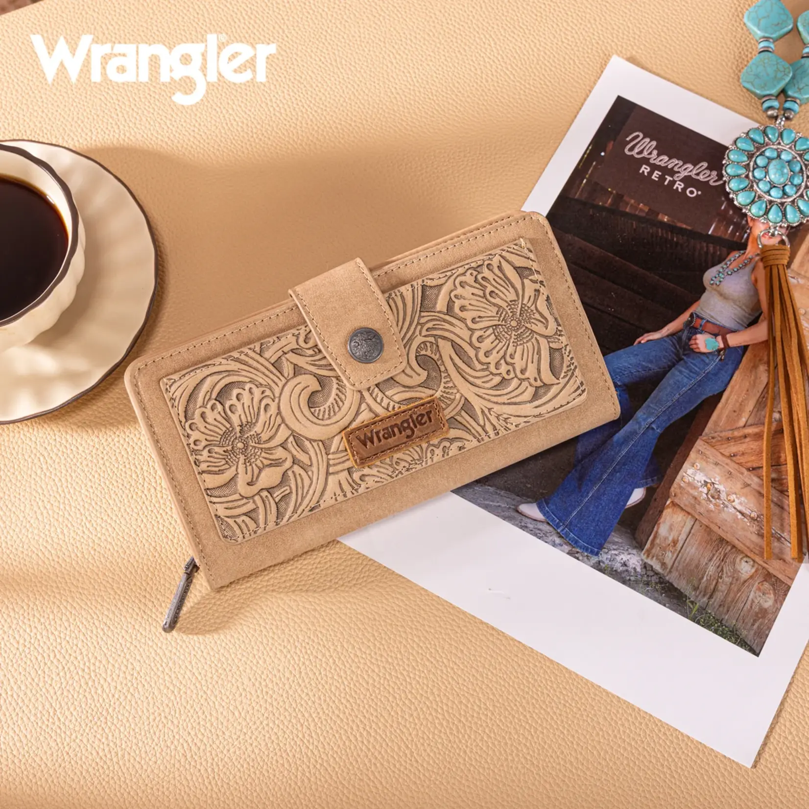 Wrangler WG339-W080TN - Tan - Wrangler Western Floral Tooled RFID Wallet