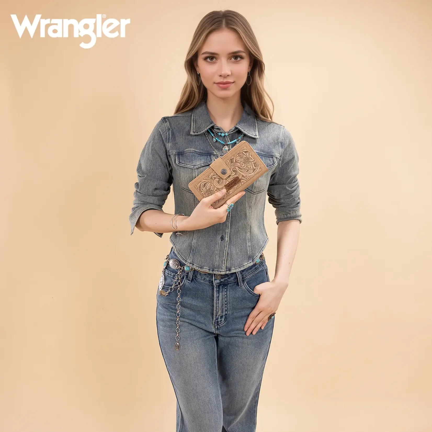 Wrangler WG339-W080TN - Tan - Wrangler Western Floral Tooled RFID Wallet