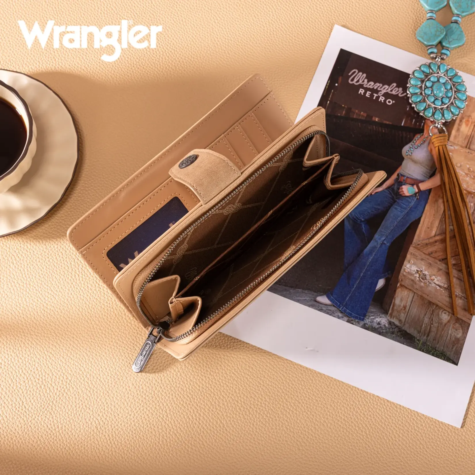 Wrangler WG339-W080TN - Tan - Wrangler Western Floral Tooled RFID Wallet