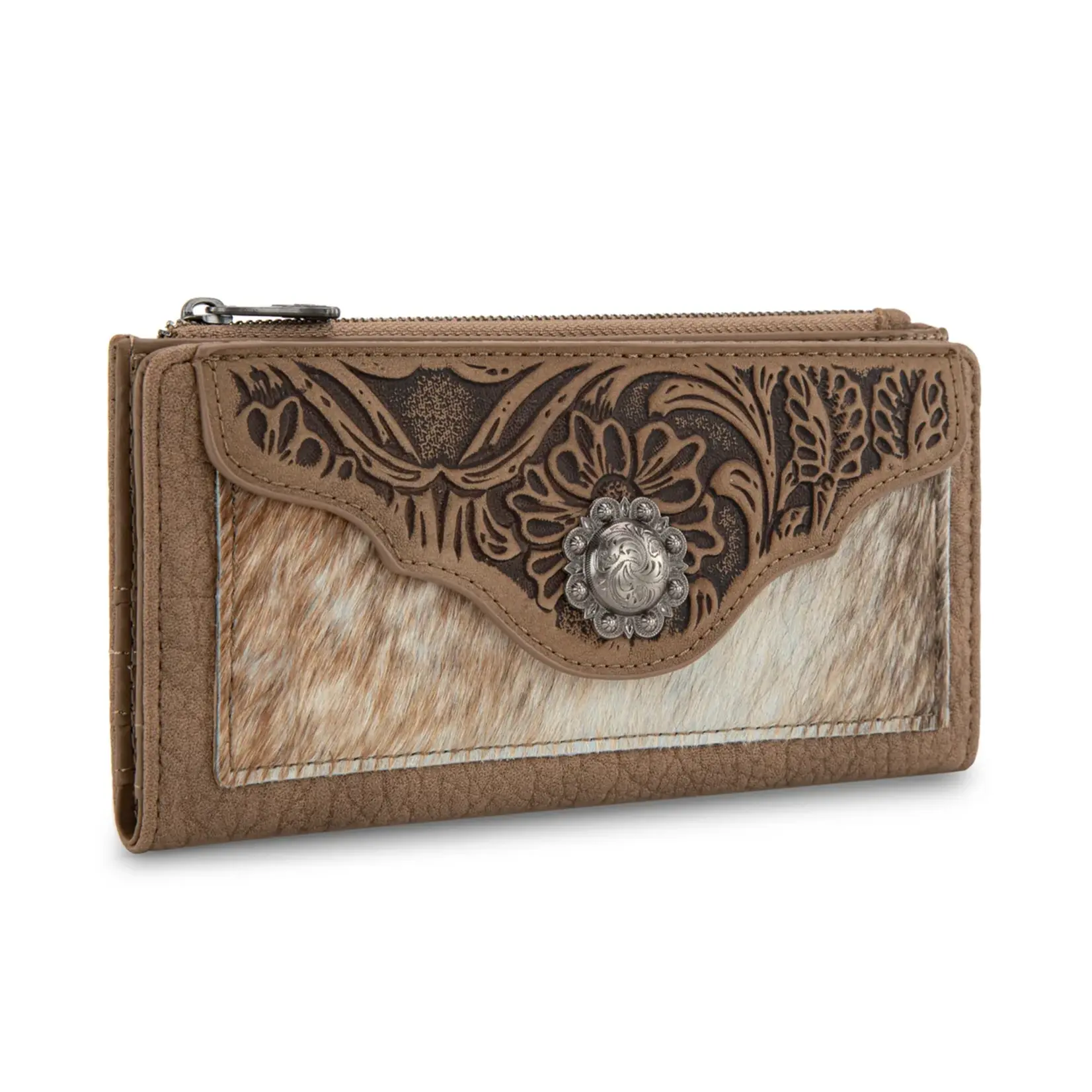 Trinity Ranch TR203-W2002KH - Khaki - Trinity Ranch Hair-On Cowhide Tooled Collection Wallet