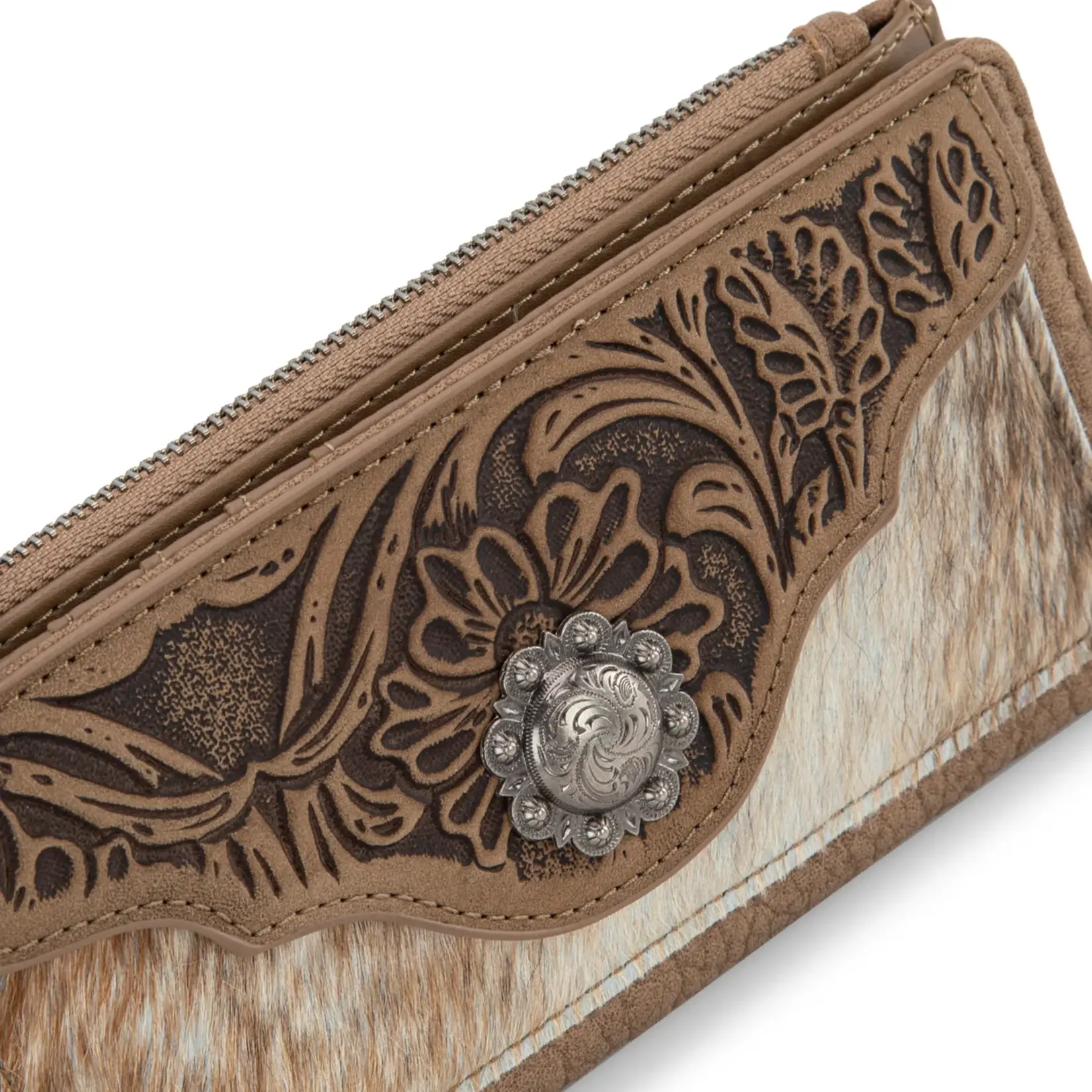 Trinity Ranch TR203-W2002KH - Khaki - Trinity Ranch Hair-On Cowhide Tooled Collection Wallet