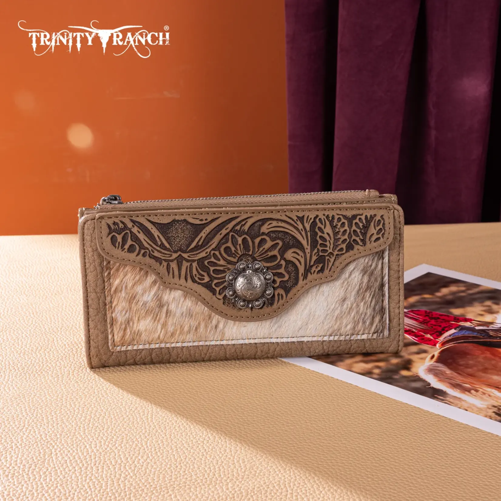 Trinity Ranch TR203-W2002KH - Khaki - Trinity Ranch Hair-On Cowhide Tooled Collection Wallet