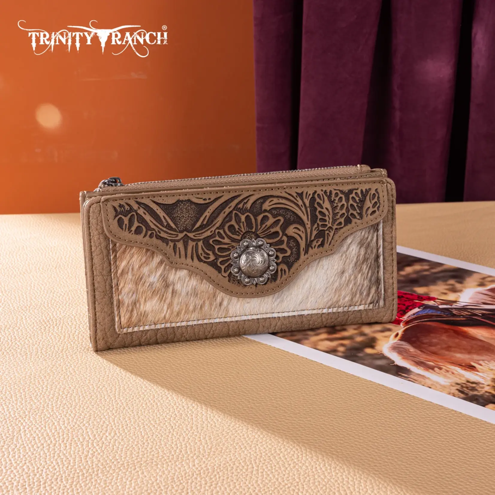 Trinity Ranch TR203-W2002KH - Khaki - Trinity Ranch Hair-On Cowhide Tooled Collection Wallet