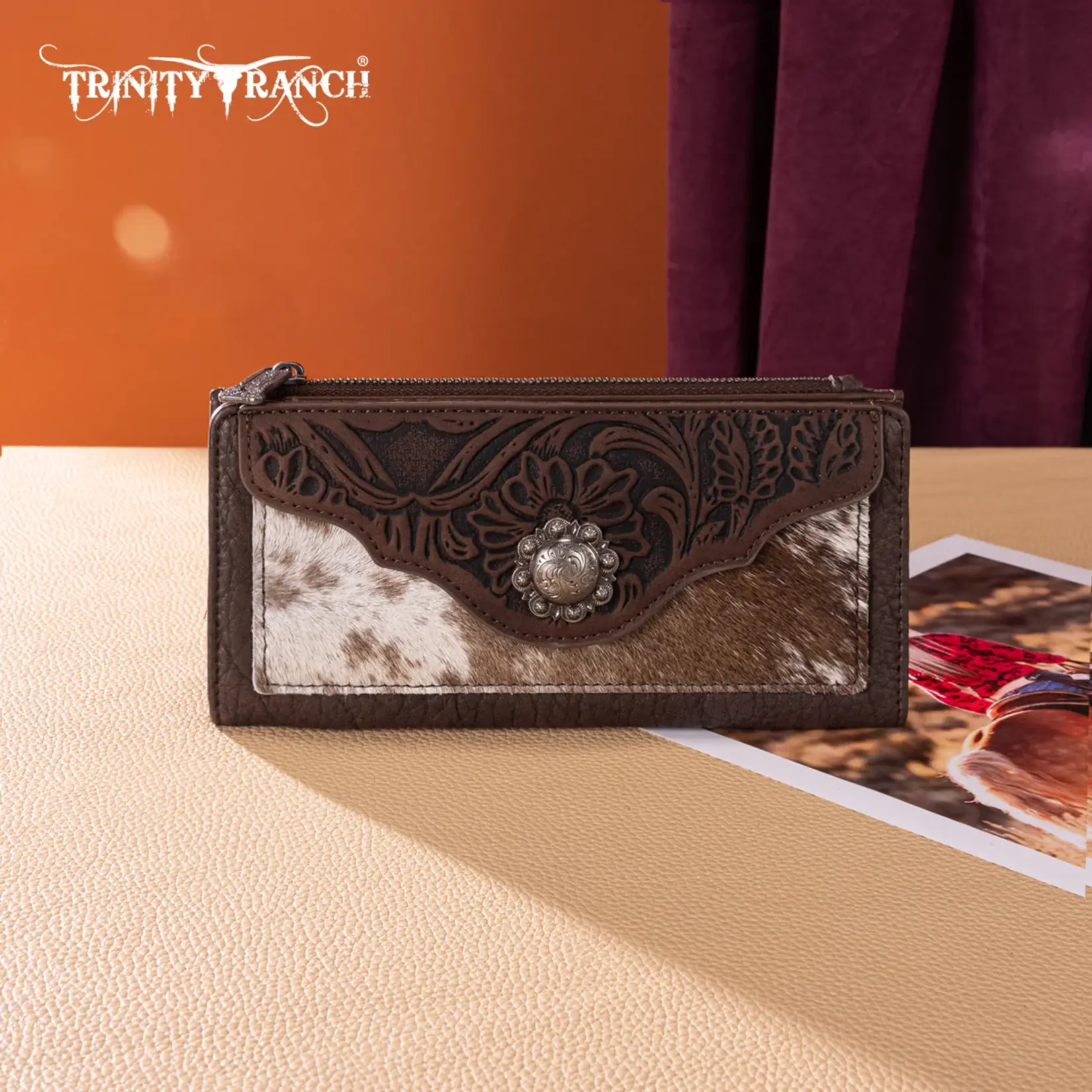 Trinity Ranch TR203-W2002CF - Coffee - Trinity Ranch Hair-On Cowhide Tooled Collection Wallet