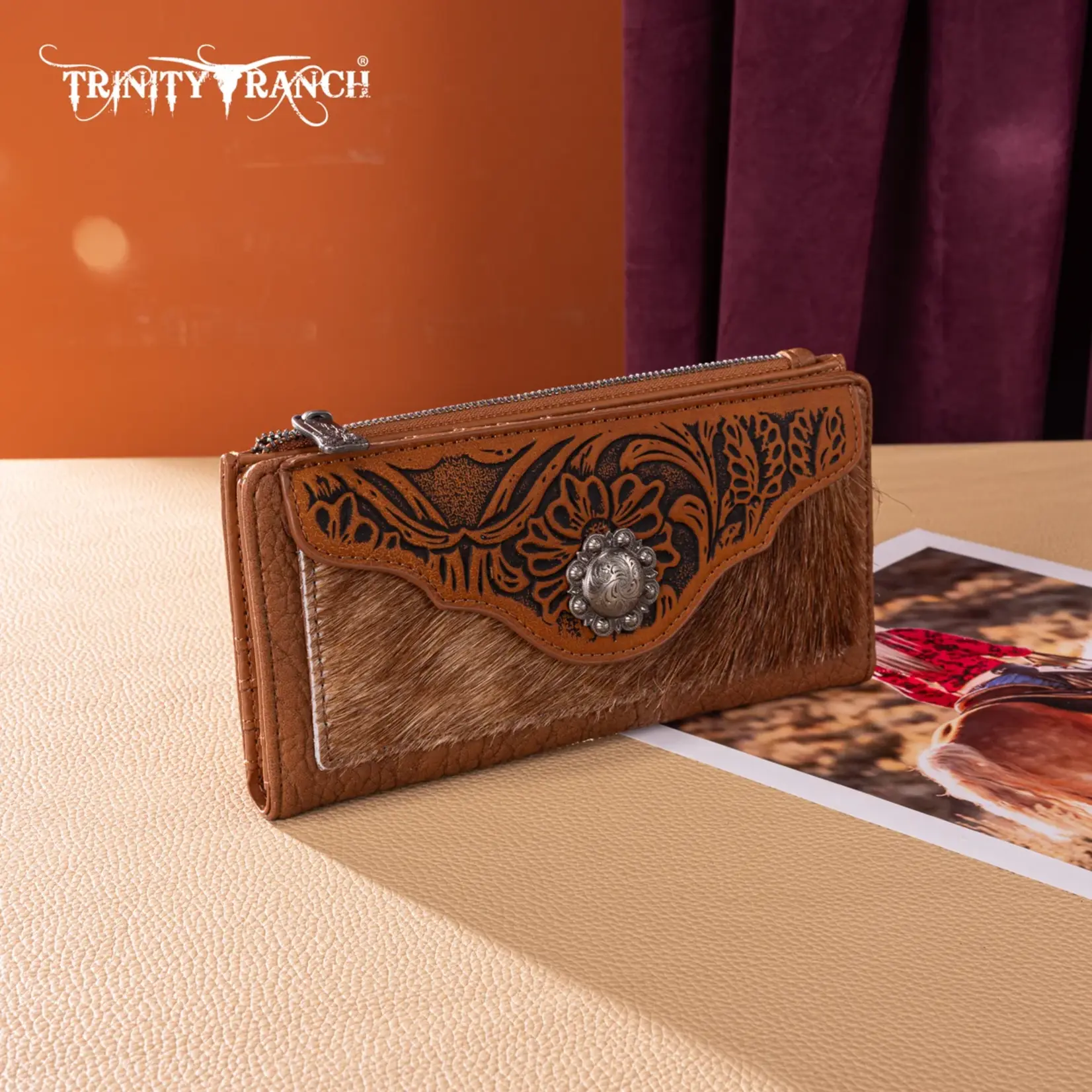 Trinity Ranch TR203-W2002BR - Brown - Trinity Ranch Hair-On Cowhide Tooled Collection Wallet