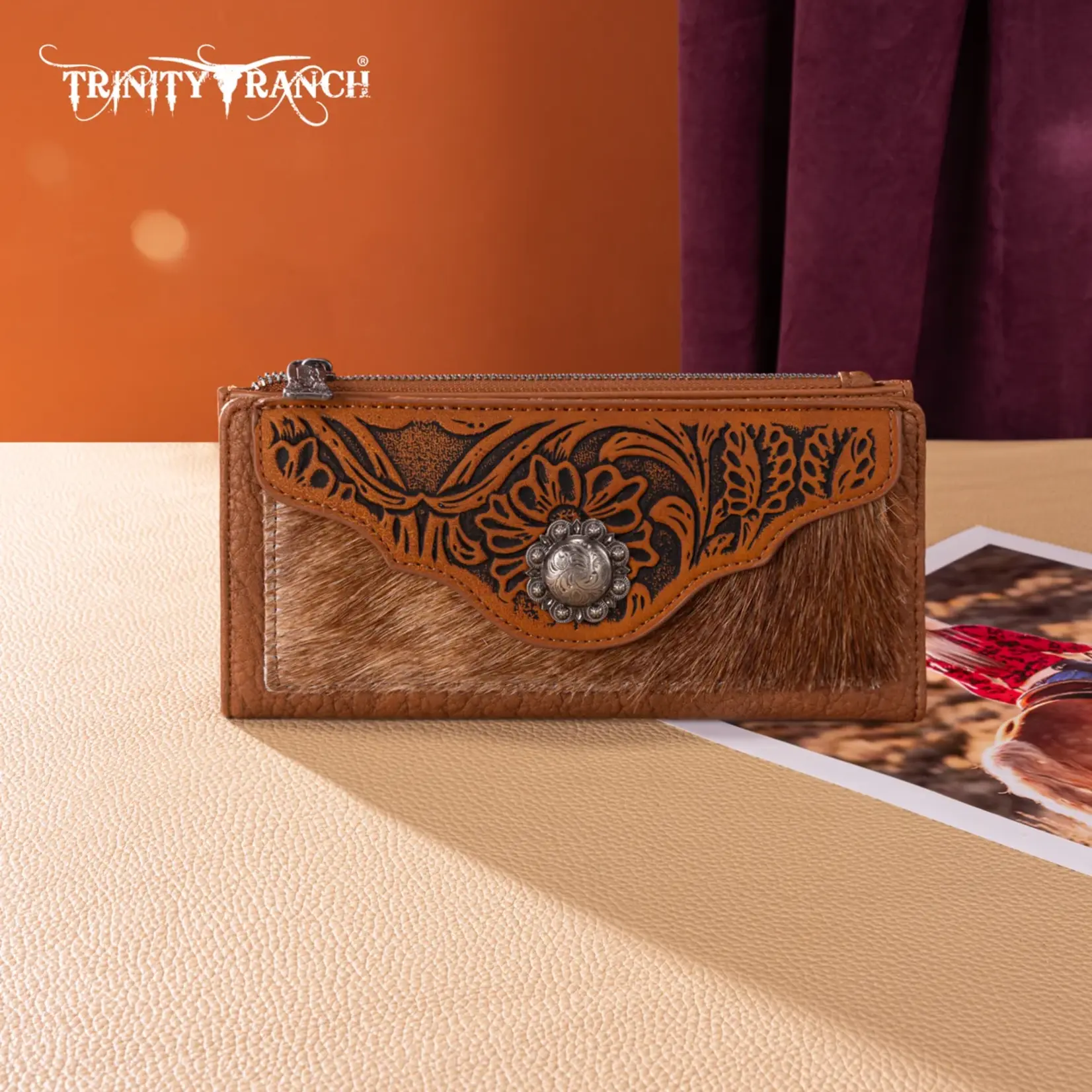 Trinity Ranch TR203-W2002BR - Brown - Trinity Ranch Hair-On Cowhide Tooled Collection Wallet