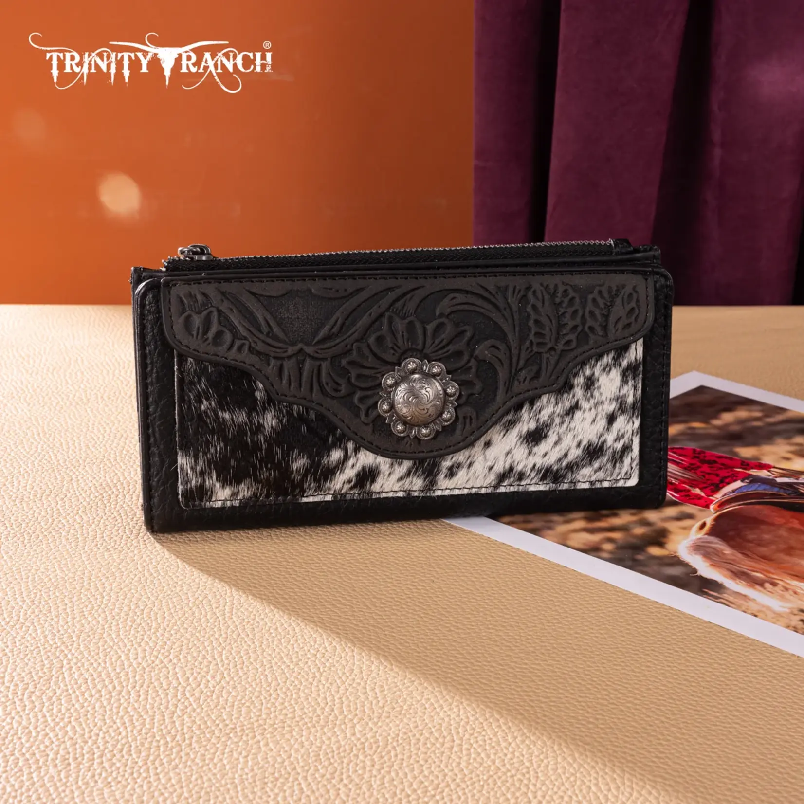 Wrangler TR203-W2002BK - Black - Trinity Ranch Hair-On Cowhide Tooled Collection Wallet