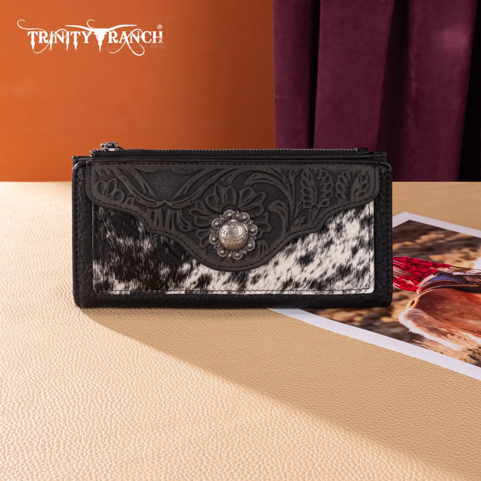 Wrangler TR203-W2002BK - Black - Trinity Ranch Hair-On Cowhide Tooled Collection Wallet