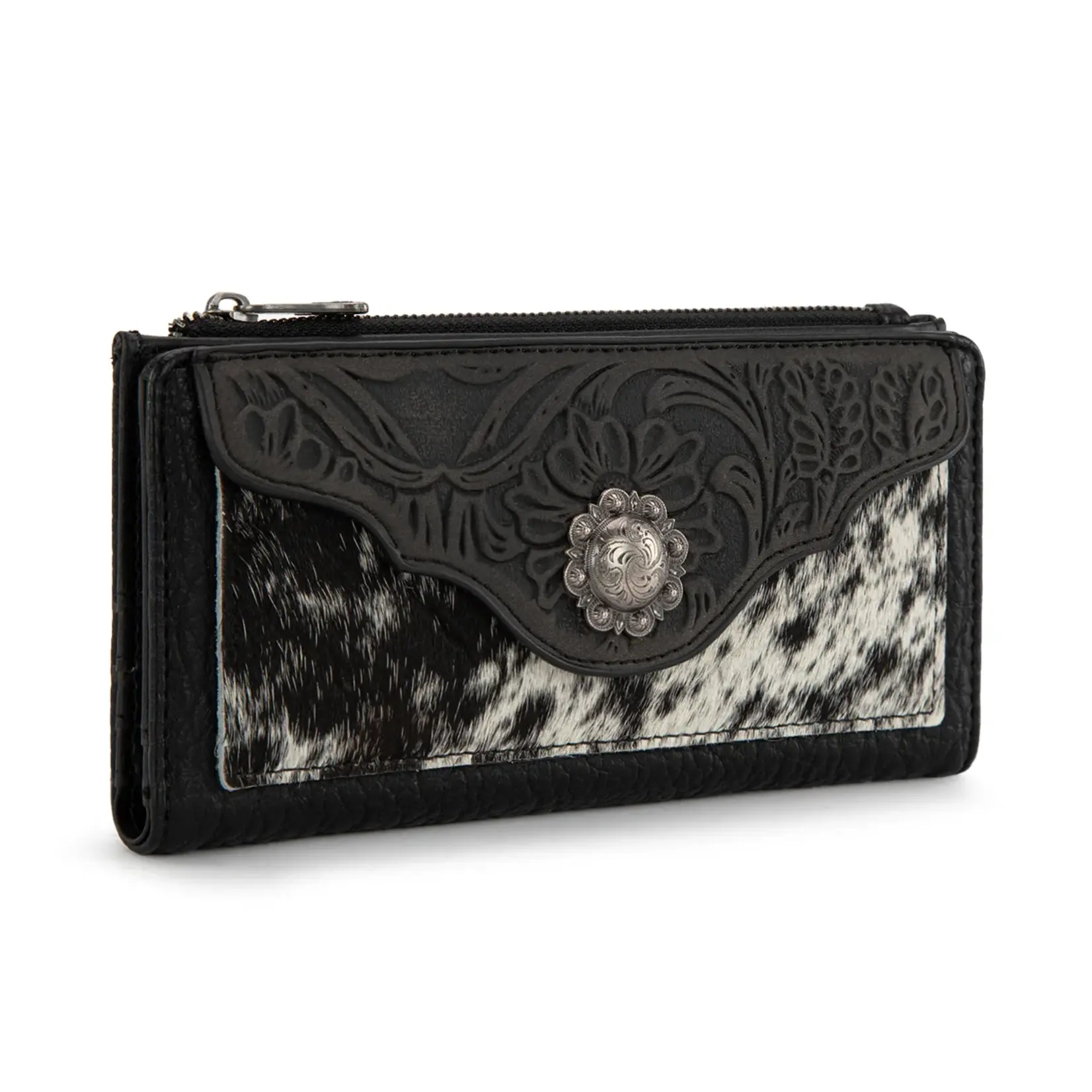 Wrangler TR203-W2002BK - Black - Trinity Ranch Hair-On Cowhide Tooled Collection Wallet