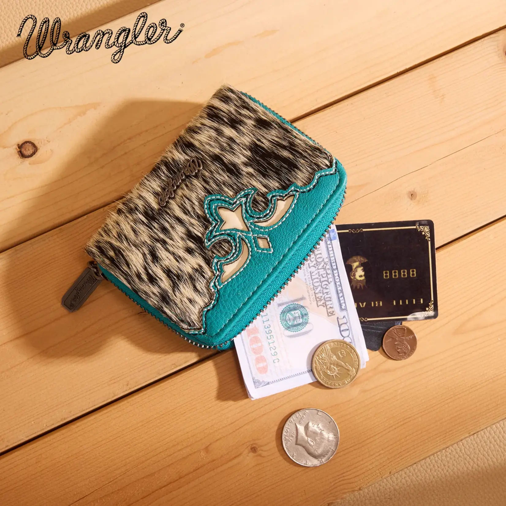 Wrangler WG322-W088TQ - Turquoise - Wrangler Genuine Hair-On Cowhide Zip-Around Wallet