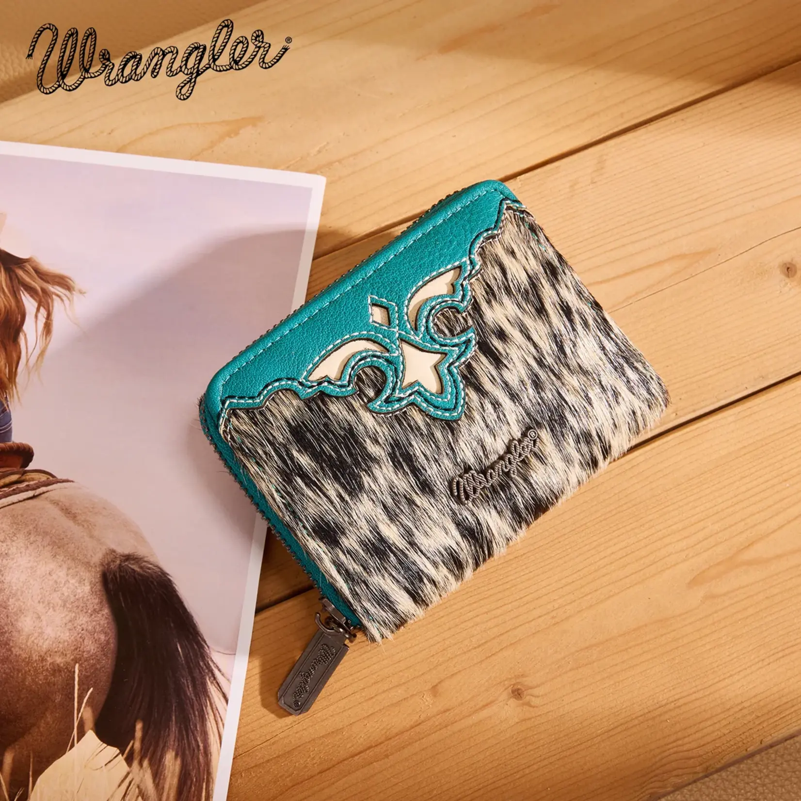 Wrangler WG322-W088TQ - Turquoise - Wrangler Genuine Hair-On Cowhide Zip-Around Wallet