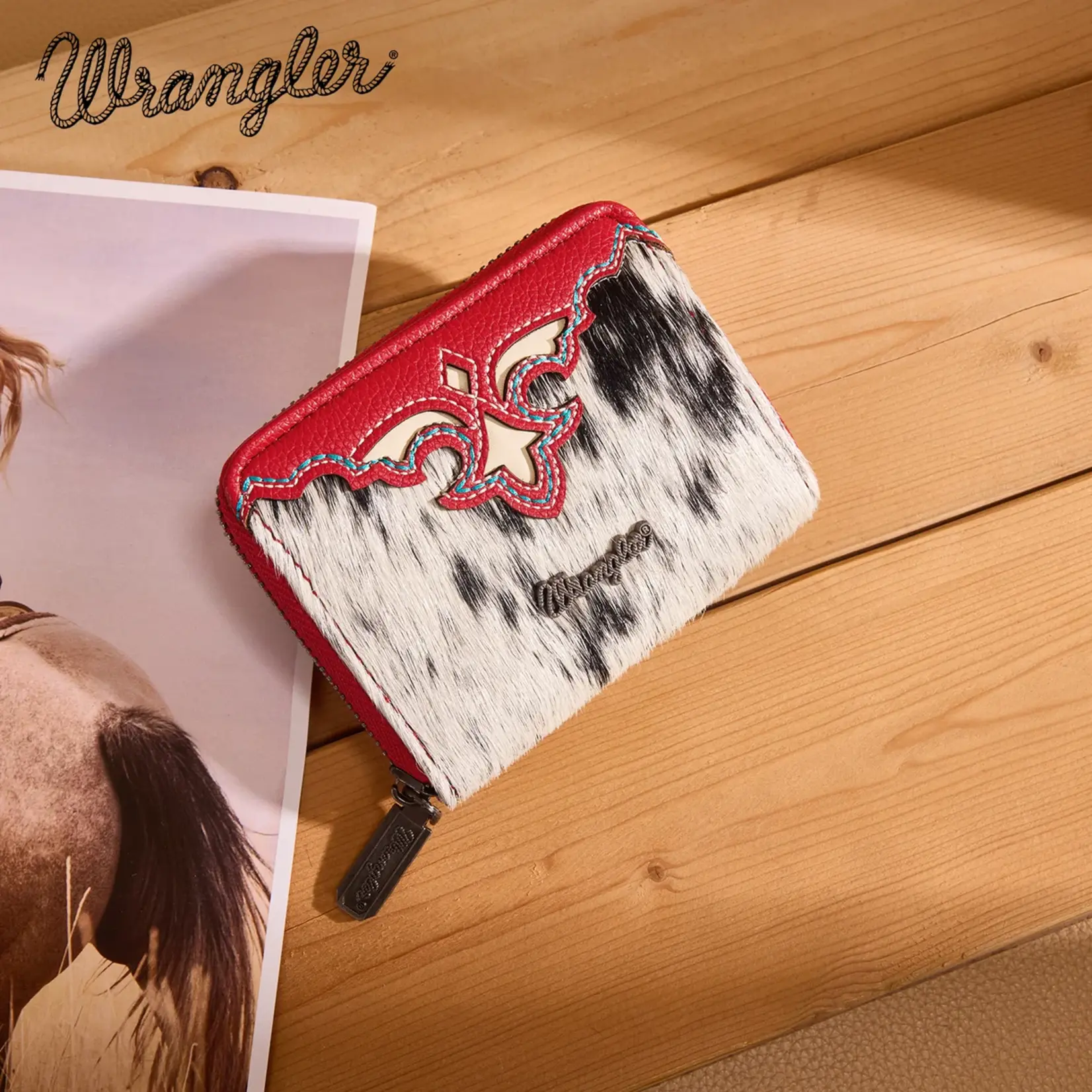 Wrangler WG322-W088RD - Red - Wrangler Genuine Hair-On Cowhide Zip-Around Wallet