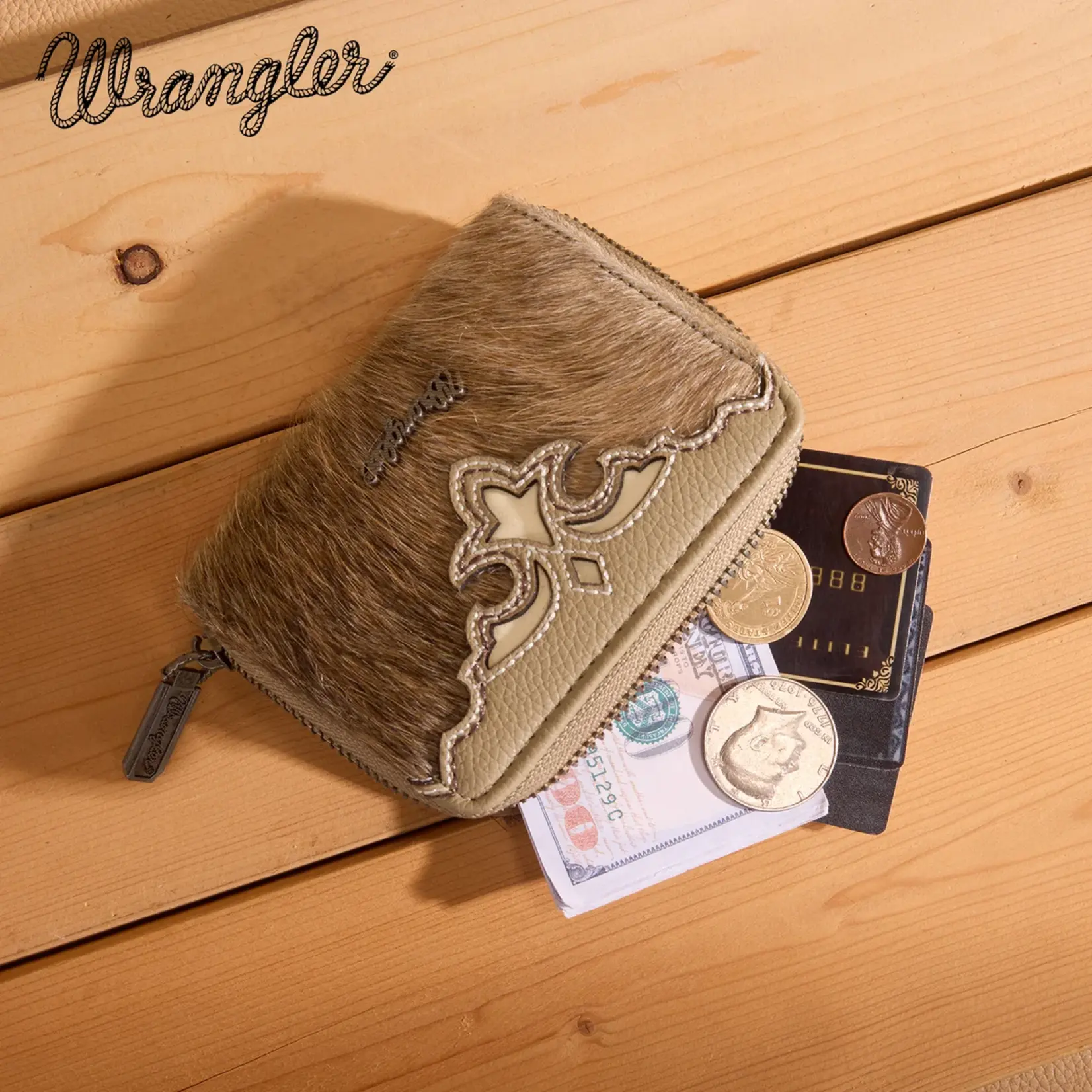 Wrangler WG322-W088KH - Khaki - Wrangler Genuine Hair-On Cowhide Zip-Around Wallet