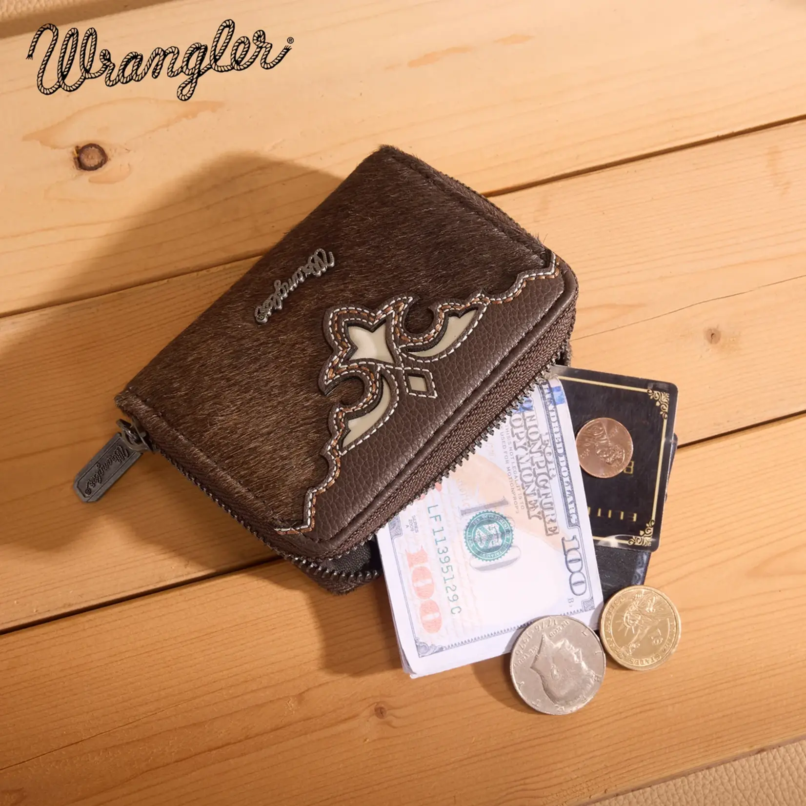Wrangler WG322-W088CF - Coffee - Wrangler Genuine Hair-On Cowhide Zip-Around Wallet