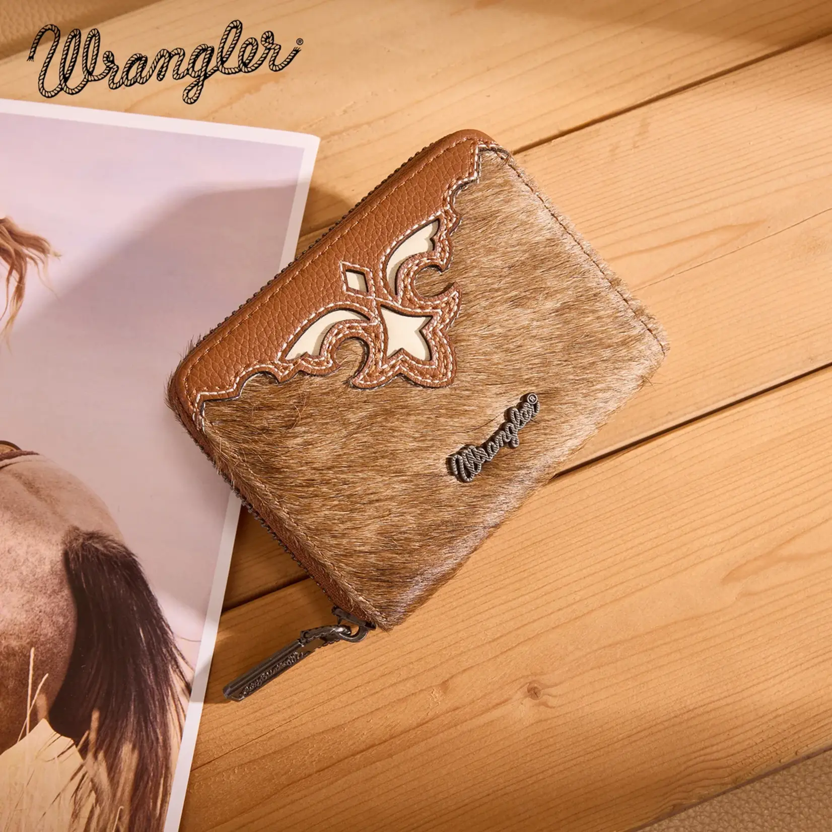 Wrangler WG322-W088BR - Brown - Wrangler Genuine Hair-On Cowhide Zip-Around Wallet