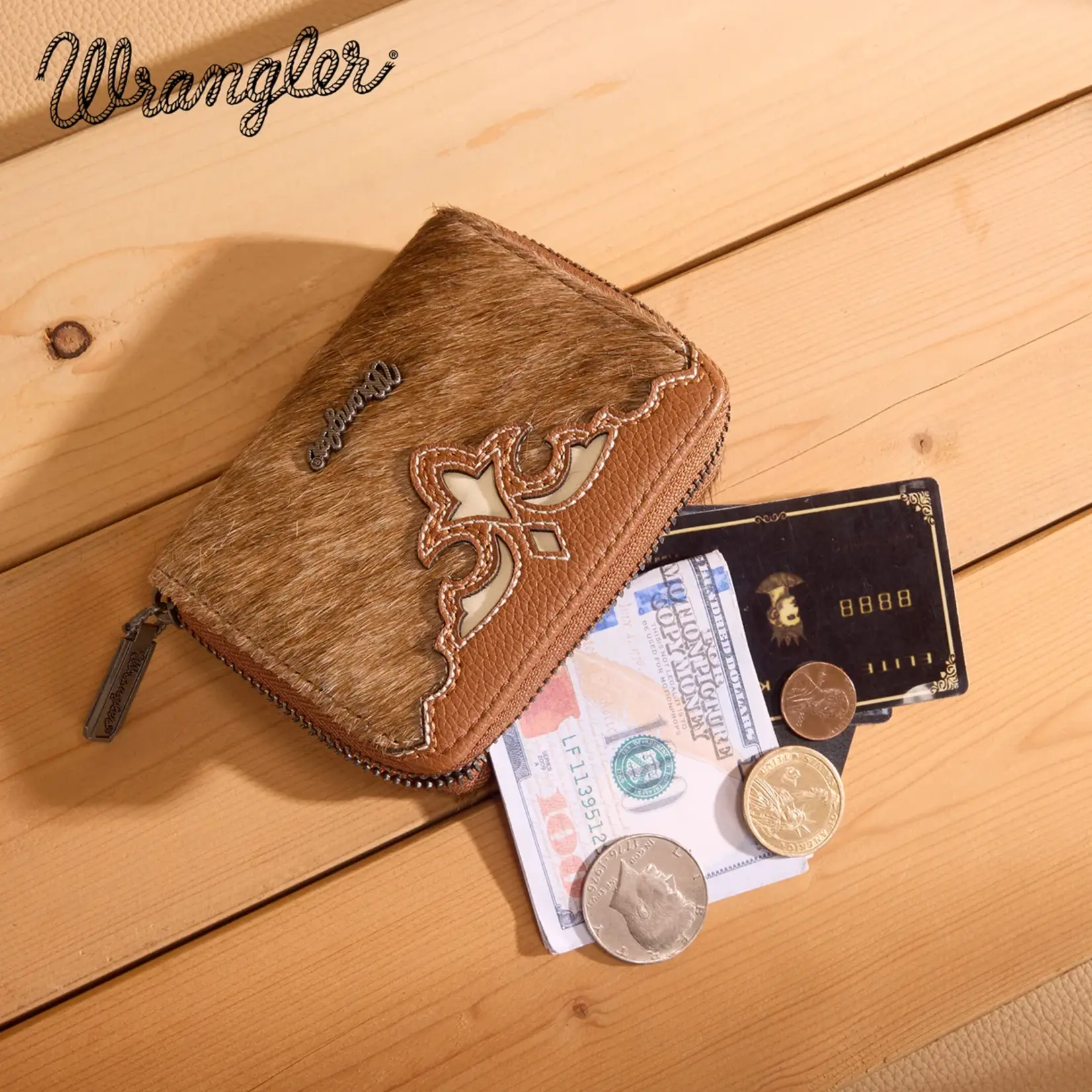Wrangler WG322-W088BR - Brown - Wrangler Genuine Hair-On Cowhide Zip-Around Wallet