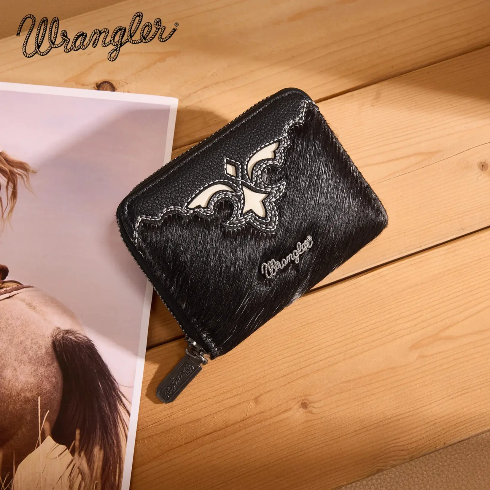 Wrangler WG322-W088BK - Black - Wrangler Genuine Hair-On Cowhide Zip-Around Wallet