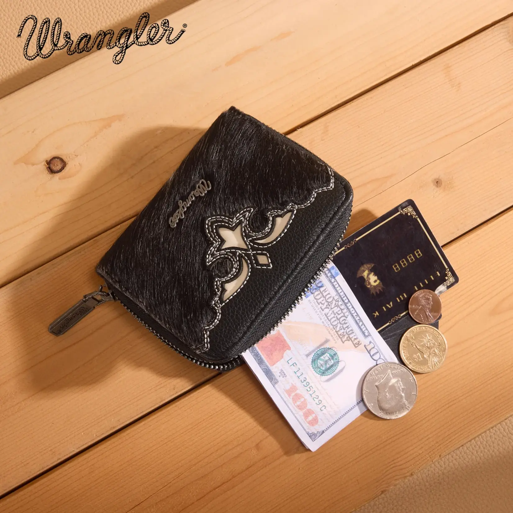 Wrangler WG322-W088BK - Black - Wrangler Genuine Hair-On Cowhide Zip-Around Wallet