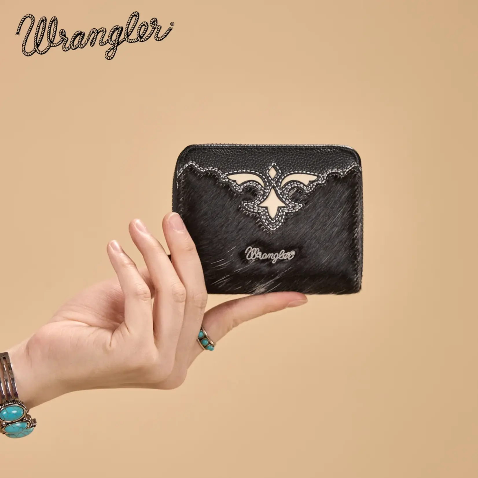 Wrangler WG322-W088BK - Black - Wrangler Genuine Hair-On Cowhide Zip-Around Wallet