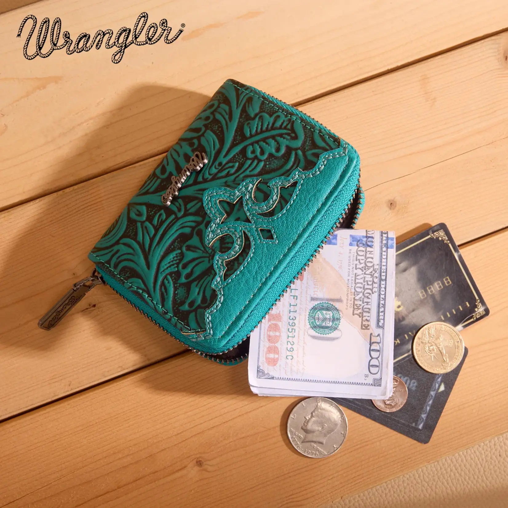 Wrangler WG322-W089TQ - Turquoise - Wrangler Tooled Zip-Around Wallet