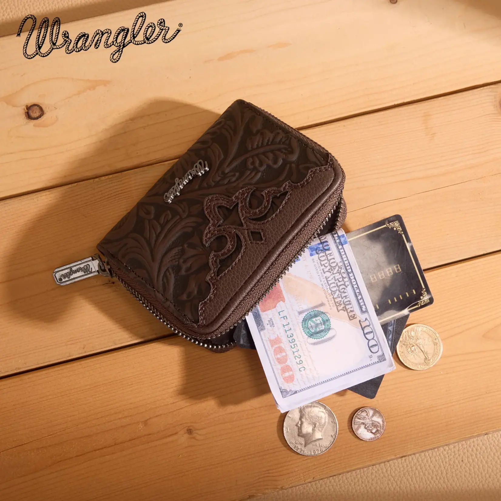 Wrangler WG322-W089CF - Coffee - Wrangler Tooled Zip-Around Wallet