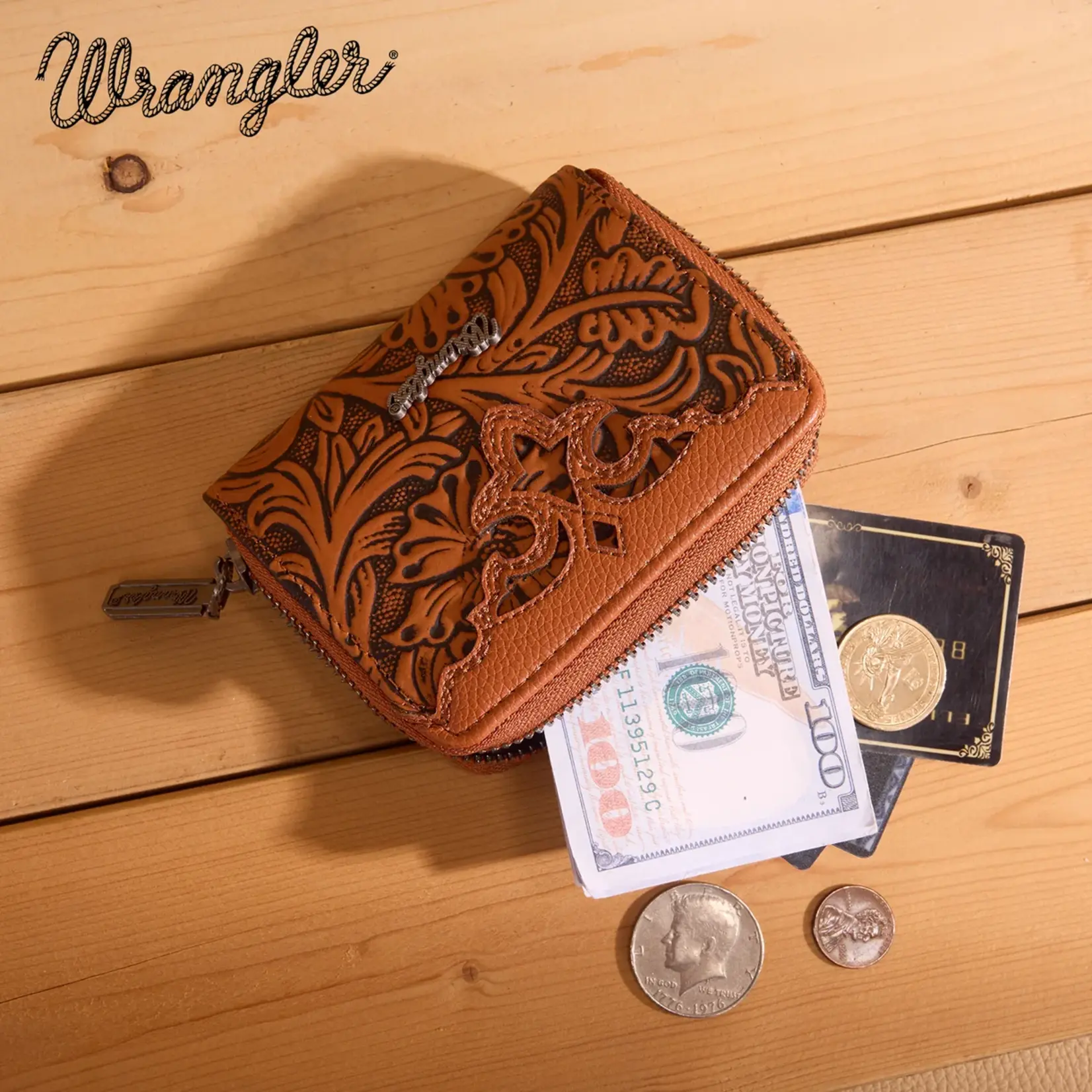 Wrangler WG322-W089BR - Brown - Wrangler Tooled Zip-Around Wallet
