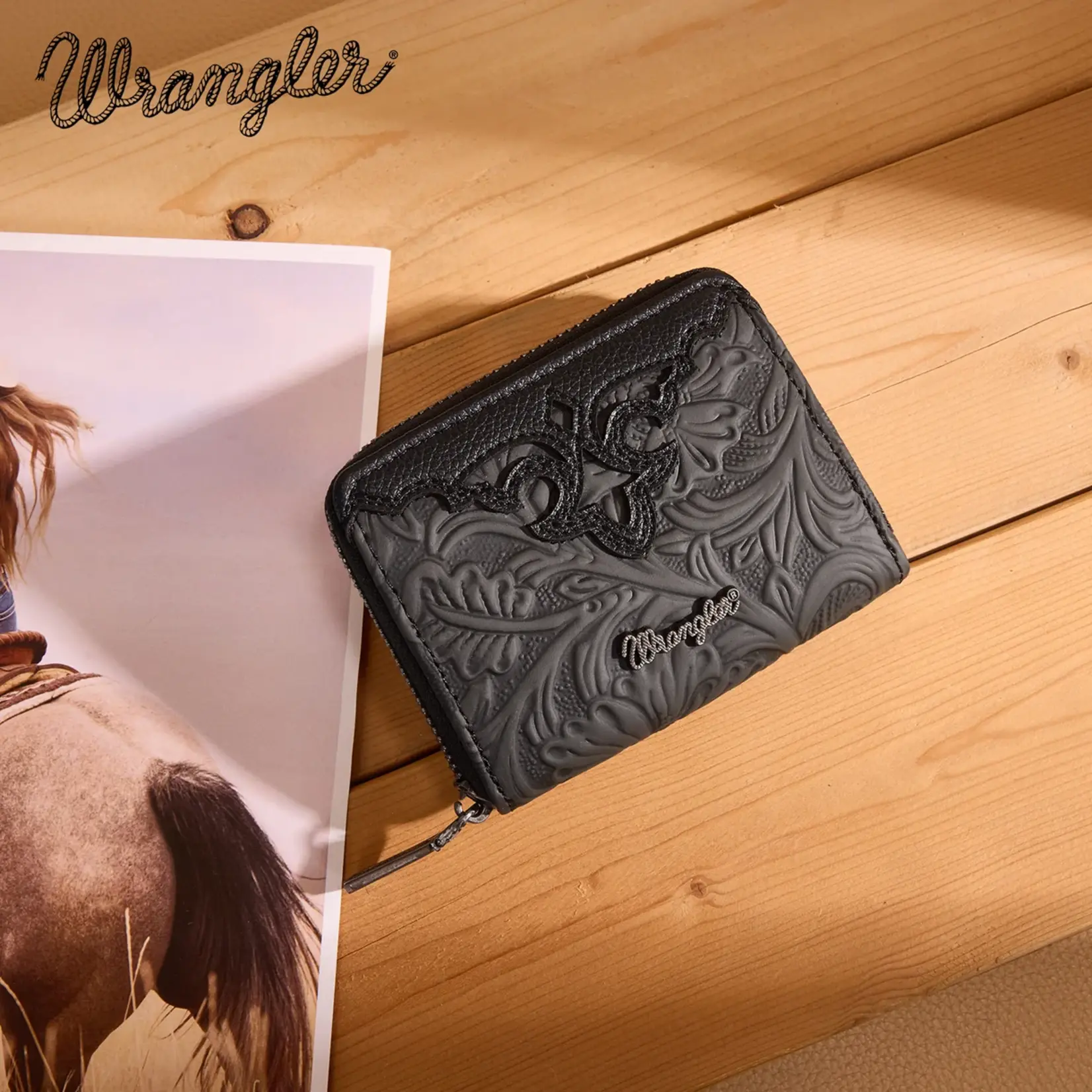 Wrangler WG322-W089BK - Black - Wrangler Tooled Zip-Around Wallet