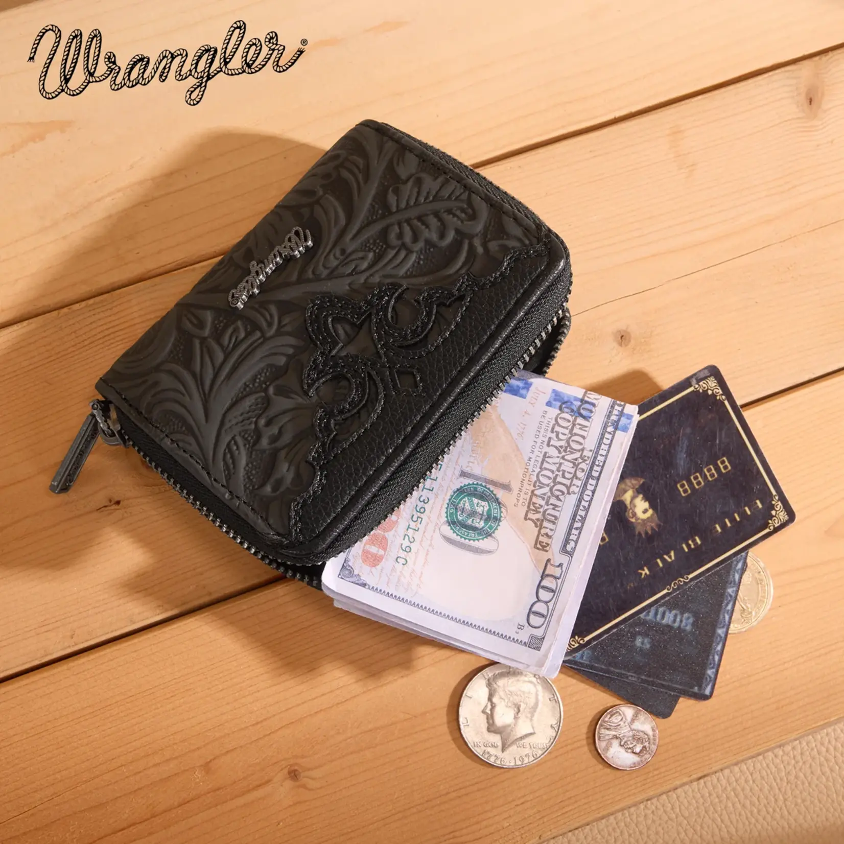 Wrangler WG322-W089BK - Black - Wrangler Tooled Zip-Around Wallet