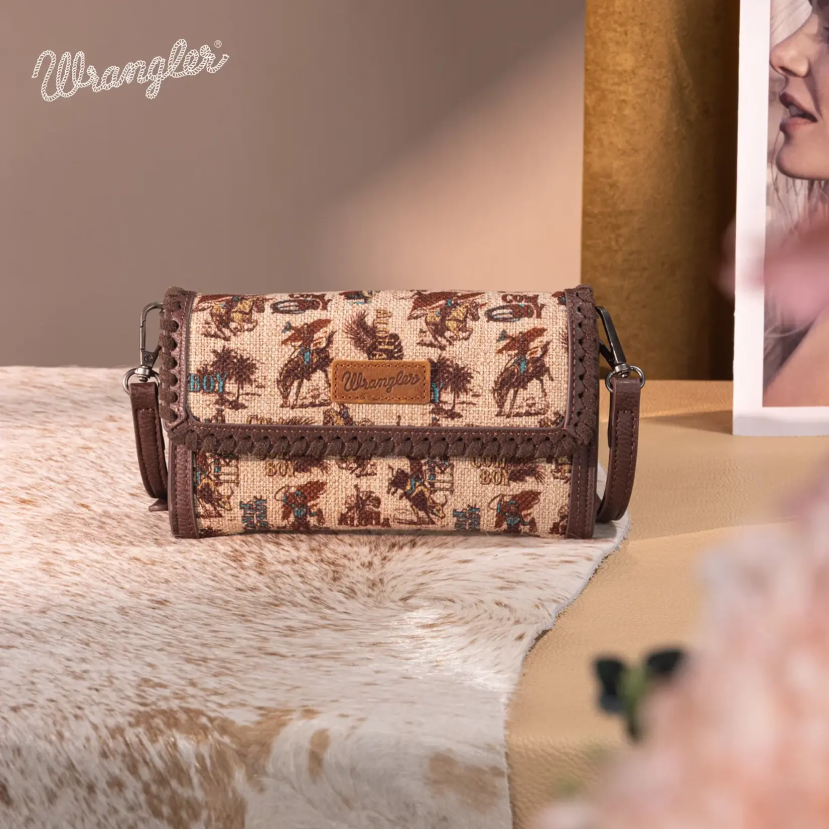 Wrangler WG60-1812TN - Tan - Wrangler Vintage Retro Cowboy Cool Print Wallet/Crossbody