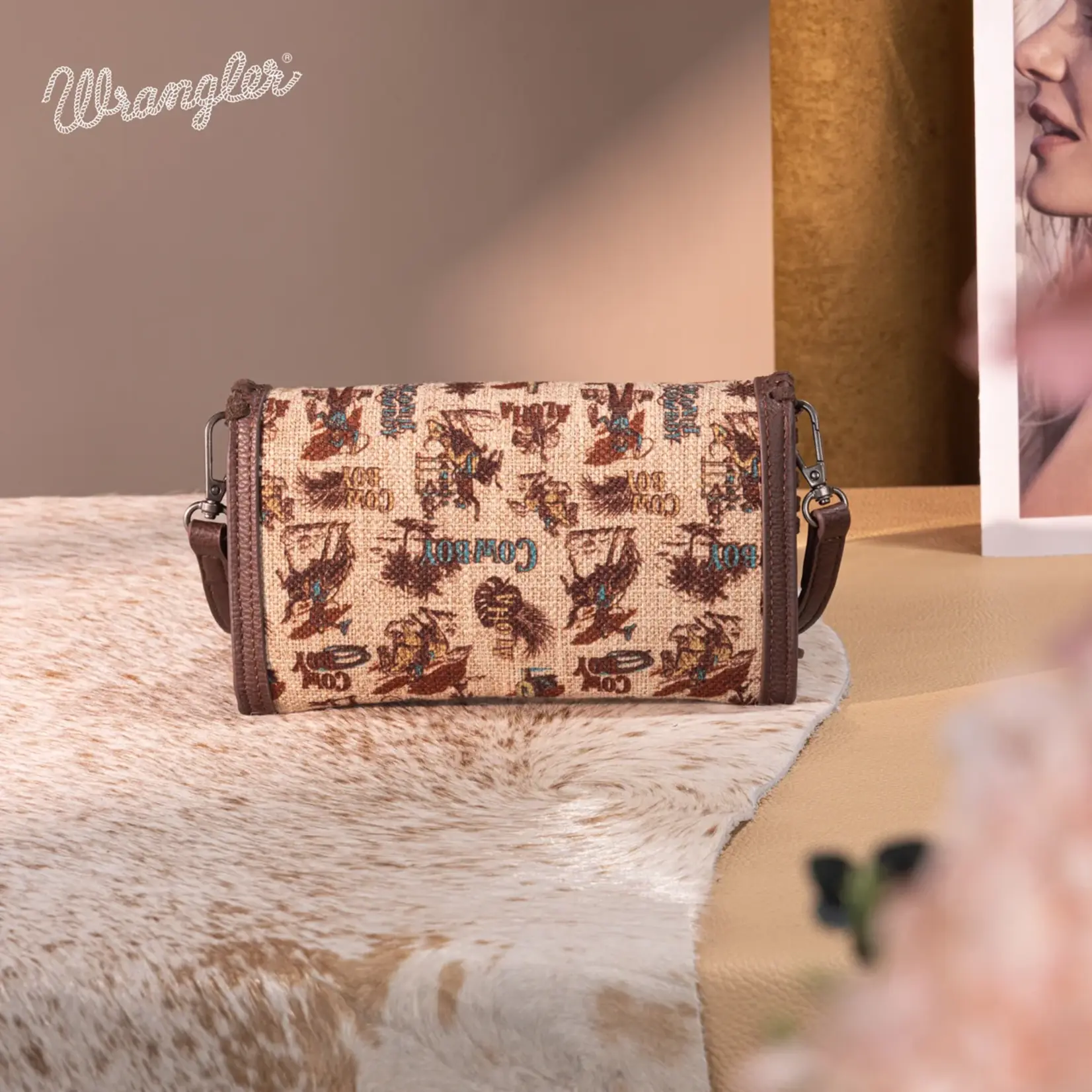 Wrangler WG60-1812TN - Tan - Wrangler Vintage Retro Cowboy Cool Print Wallet/Crossbody