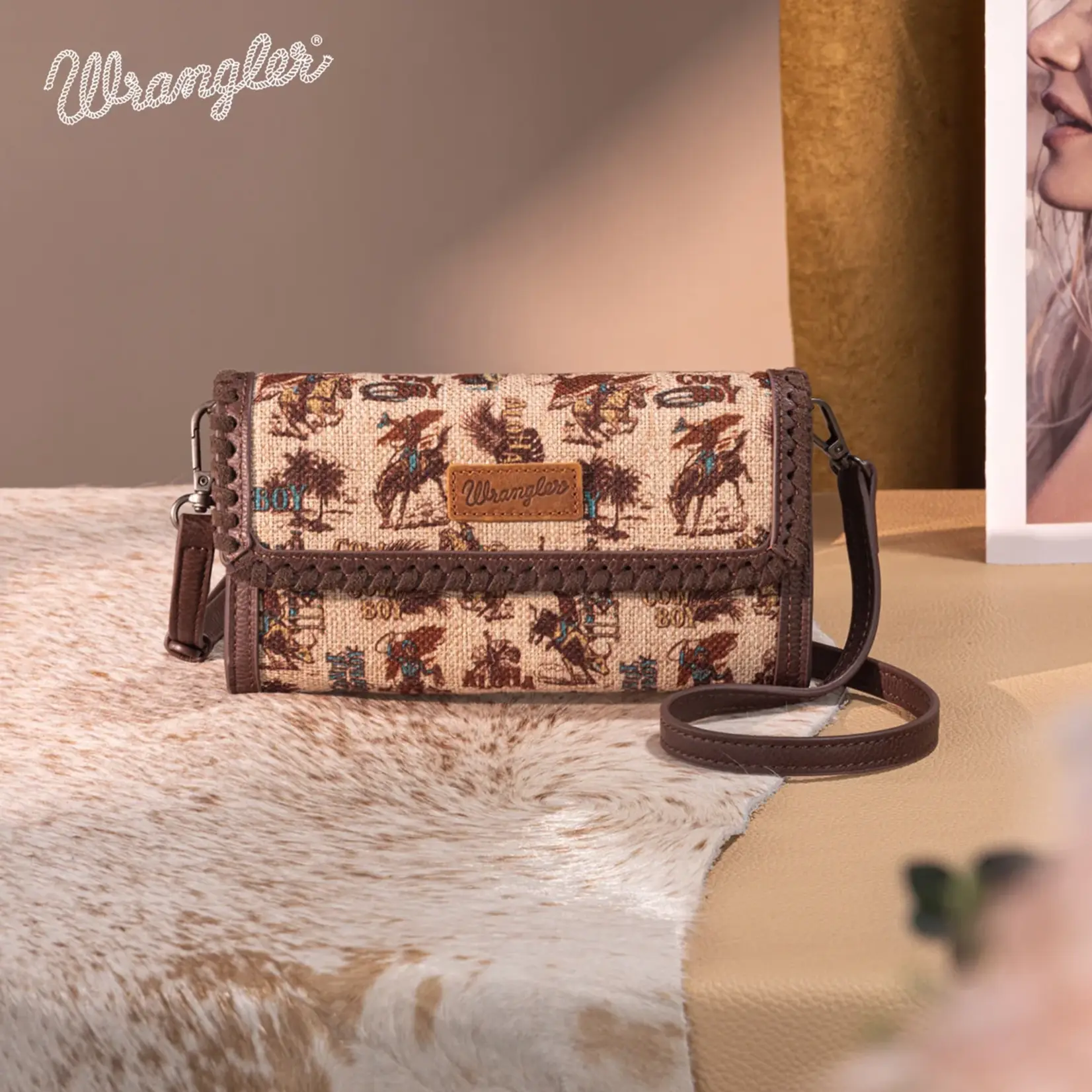 Wrangler WG60-1812TN - Tan - Wrangler Vintage Retro Cowboy Cool Print Wallet/Crossbody