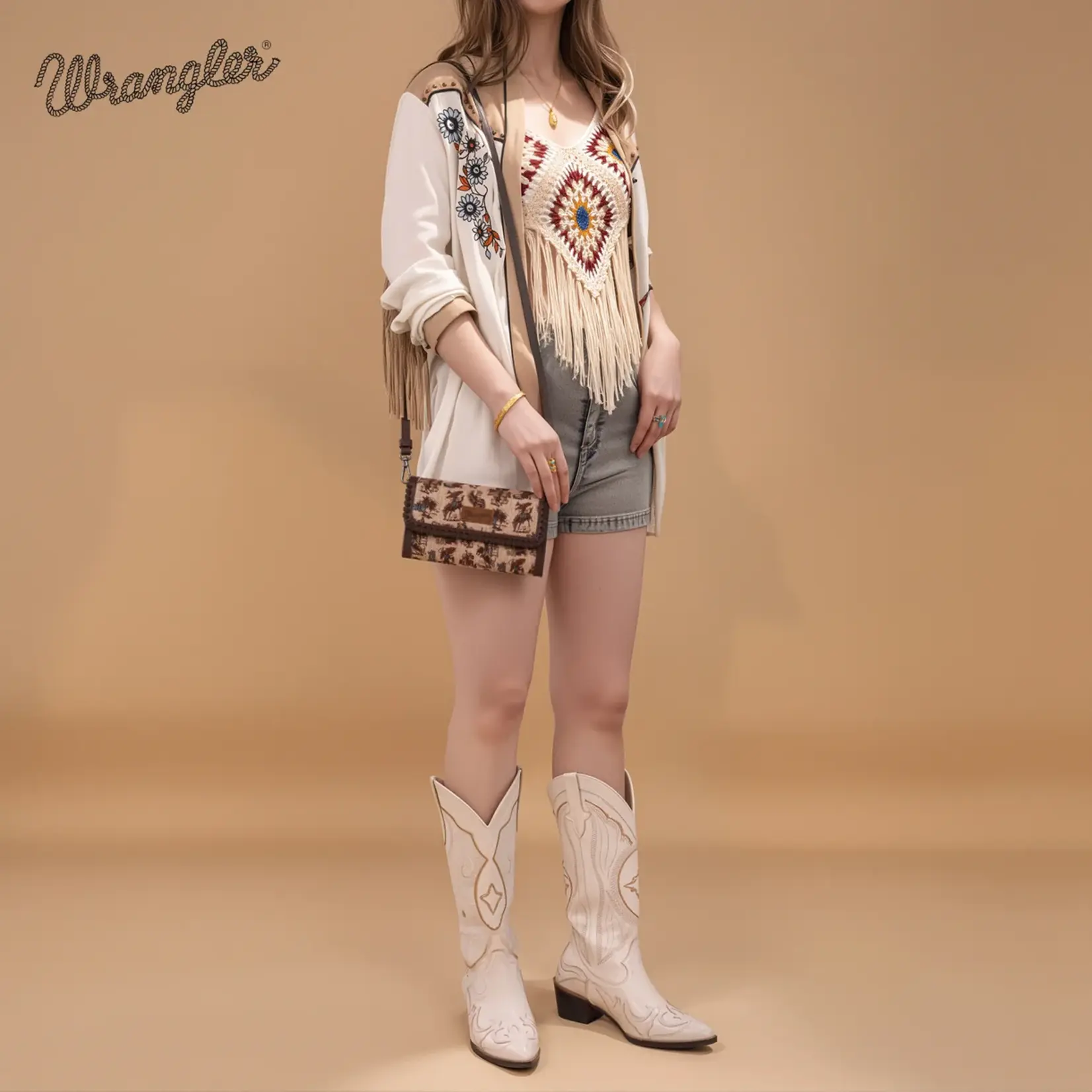 Wrangler WG60-1812TN - Tan - Wrangler Vintage Retro Cowboy Cool Print Wallet/Crossbody