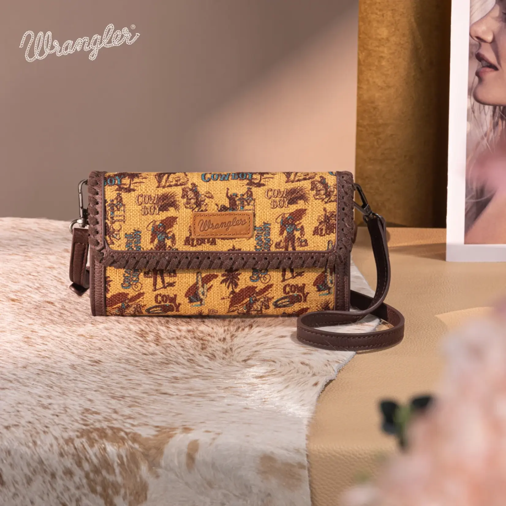 Wrangler WG60-1812DK-YL - Dark Yellow - Wrangler Vintage Retro Cowboy Cool Print Wallet/Crossbody