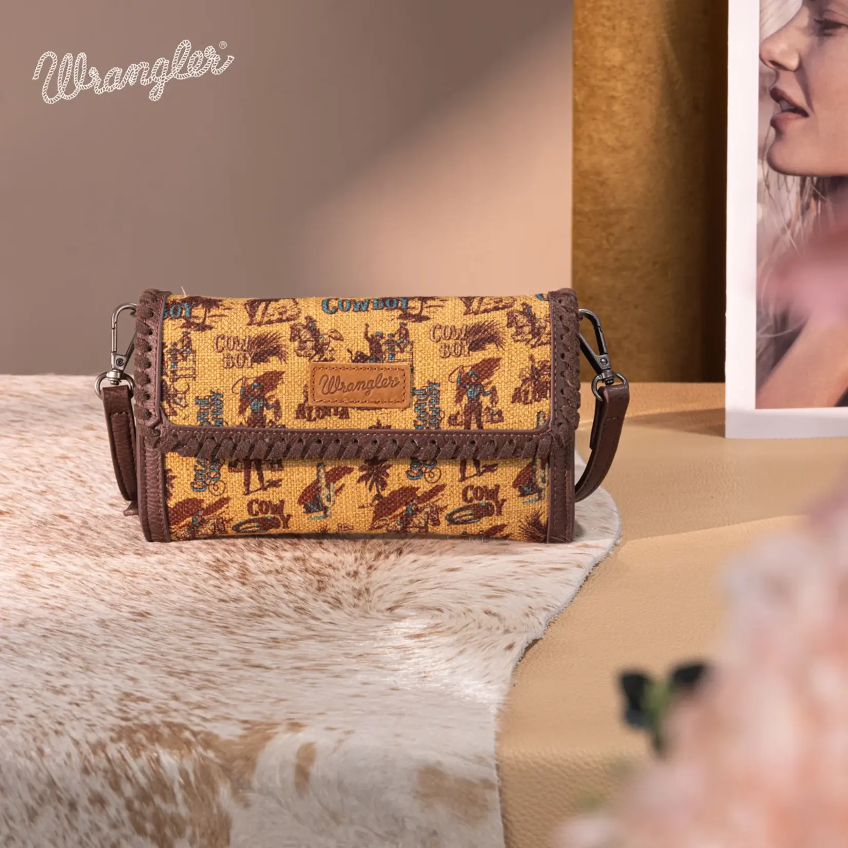 Wrangler WG60-1812DK-YL - Dark Yellow - Wrangler Vintage Retro Cowboy Cool Print Wallet/Crossbody