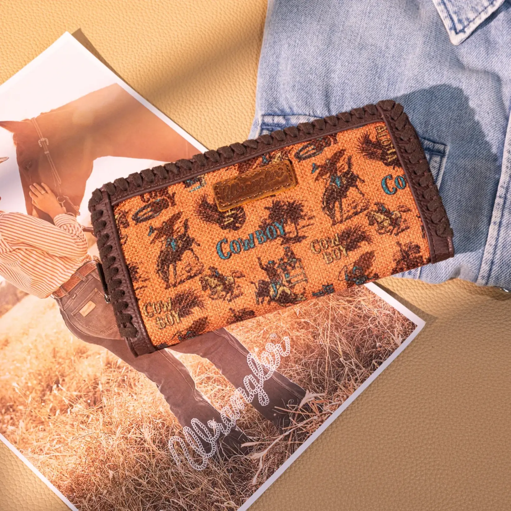 Wrangler WG60-W022DBR - Dark Brown - Wrangler Vintage Retro Cowboy Cool Print Wallet