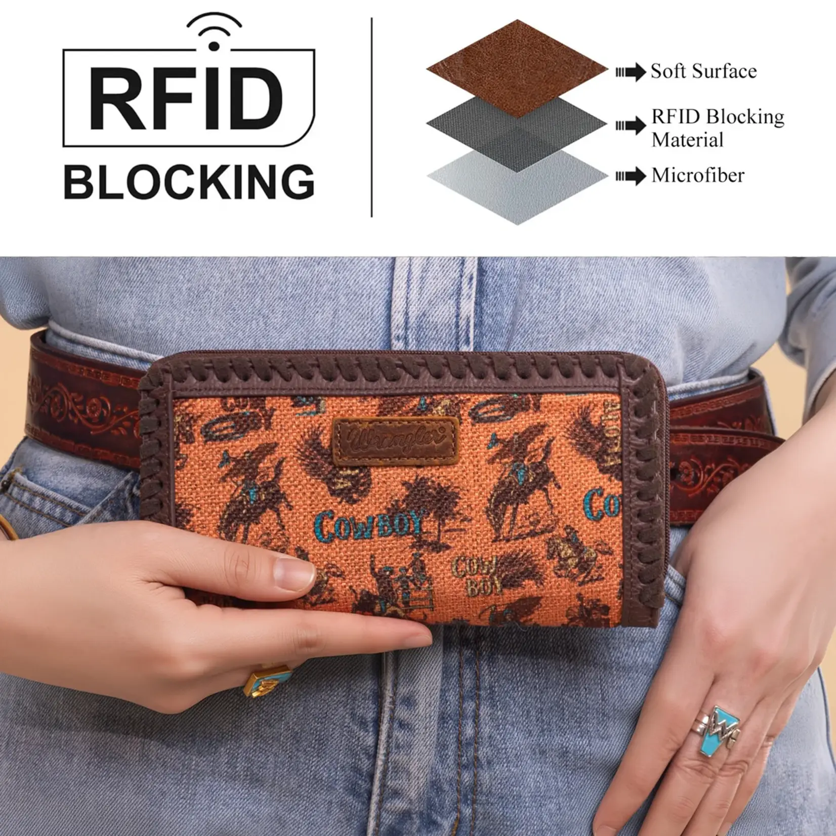 Wrangler WG60-W022DBR - Dark Brown - Wrangler Vintage Retro Cowboy Cool Print Wallet