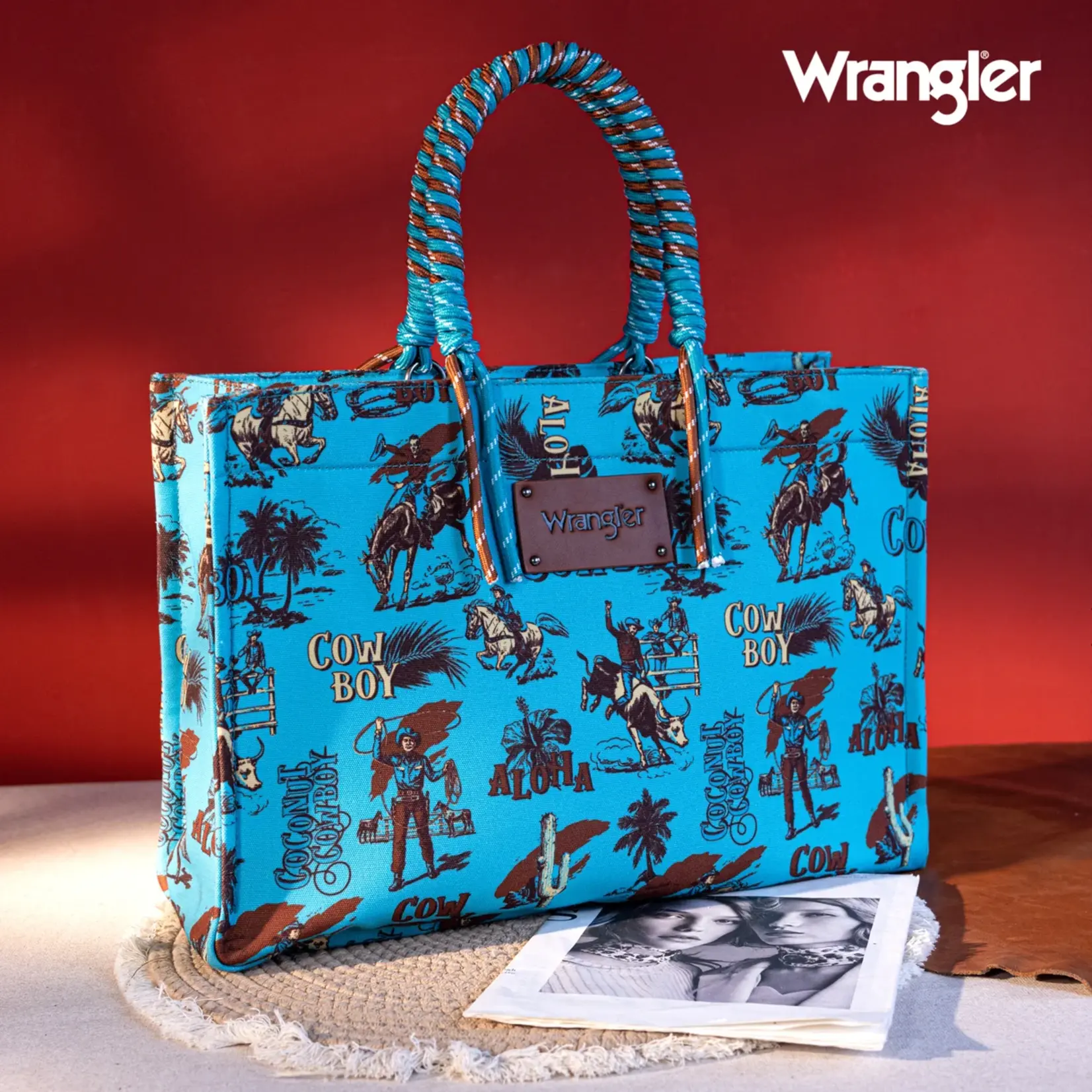Wrangler WG284D-8119TQ - Turquoise - Wrangler COWBOY Dual Sided Print Canvas Wide Tote