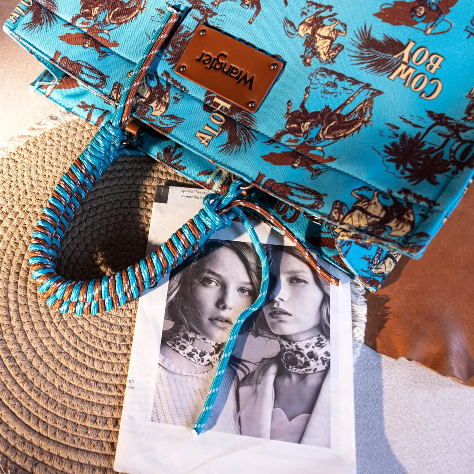 Wrangler WG284D-8119TQ - Turquoise - Wrangler COWBOY Dual Sided Print Canvas Wide Tote