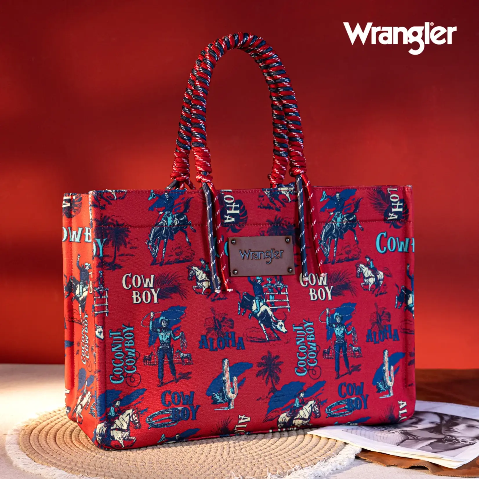 Wrangler WG284D-8119RD - Red - Wrangler COWBOY Dual Sided Print Canvas Wide Tote
