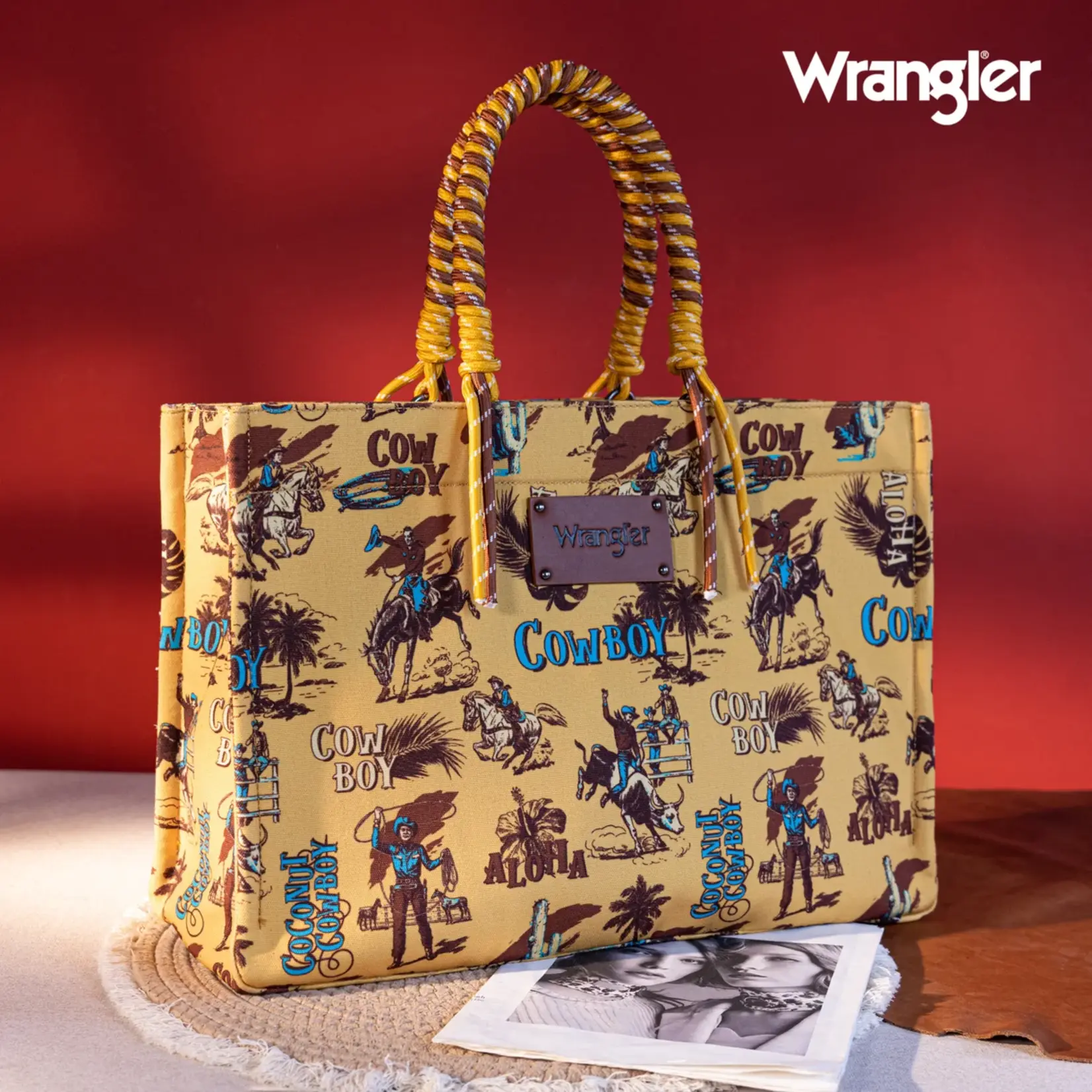 Wrangler WG284D-8119RD - Red - Wrangler COWBOY Dual Sided Print Canvas Wide Tote