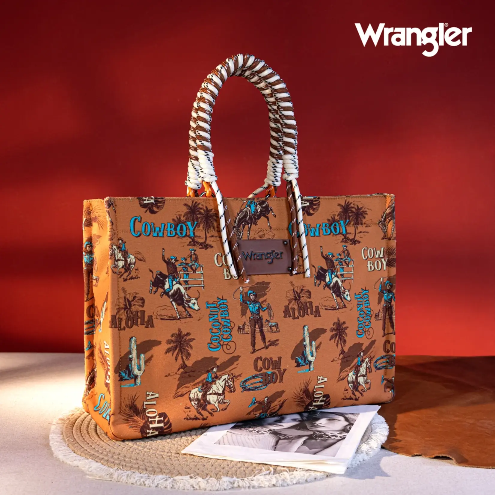 Wrangler WG284D-8119BR - Brown - Wrangler COWBOY Dual Sided Print Canvas Wide Tote