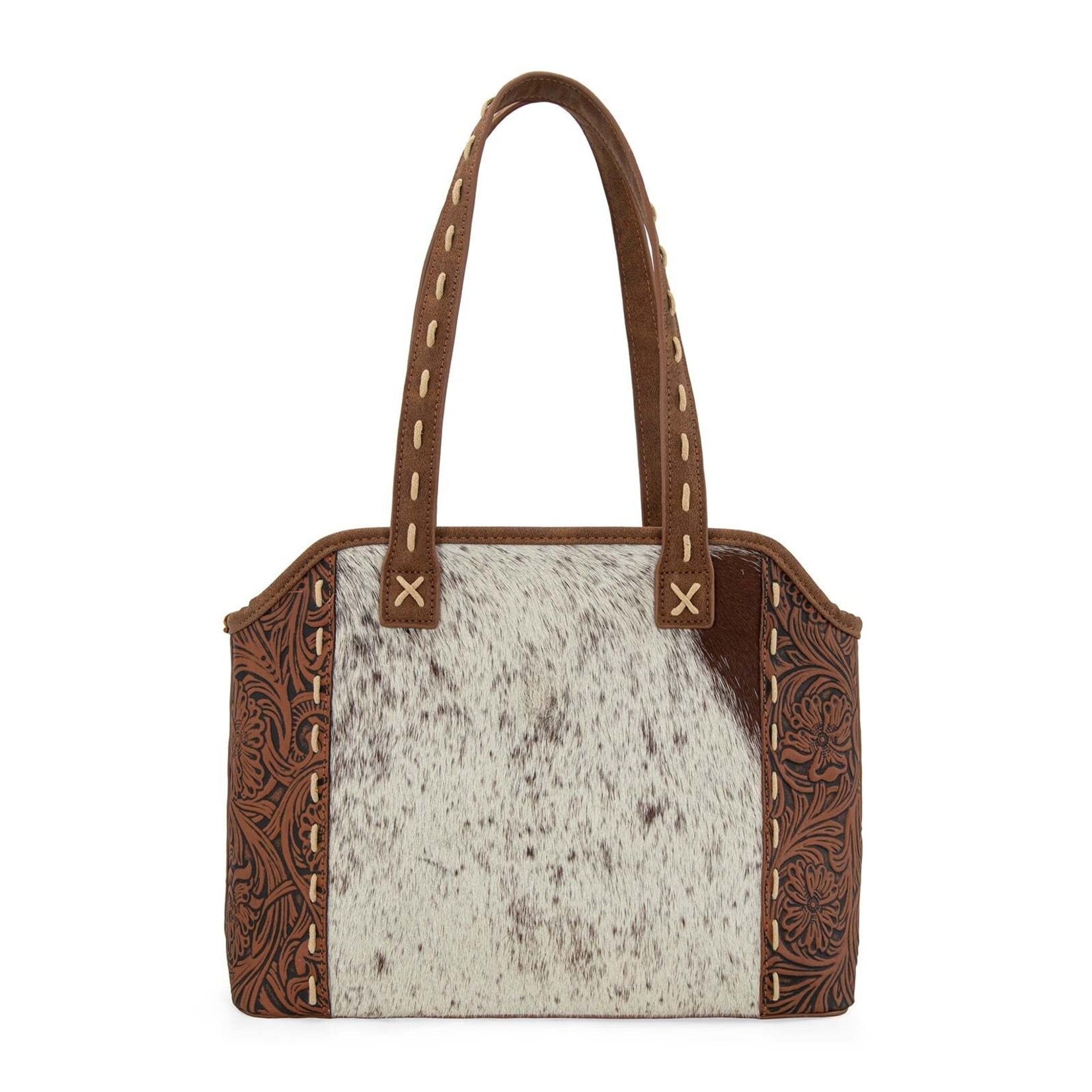 Trinity Ranch TR199G-8260BR - Brown - Trinity Ranch Genuine Hair-On Cowhide Tooled Concealed Carry Tote