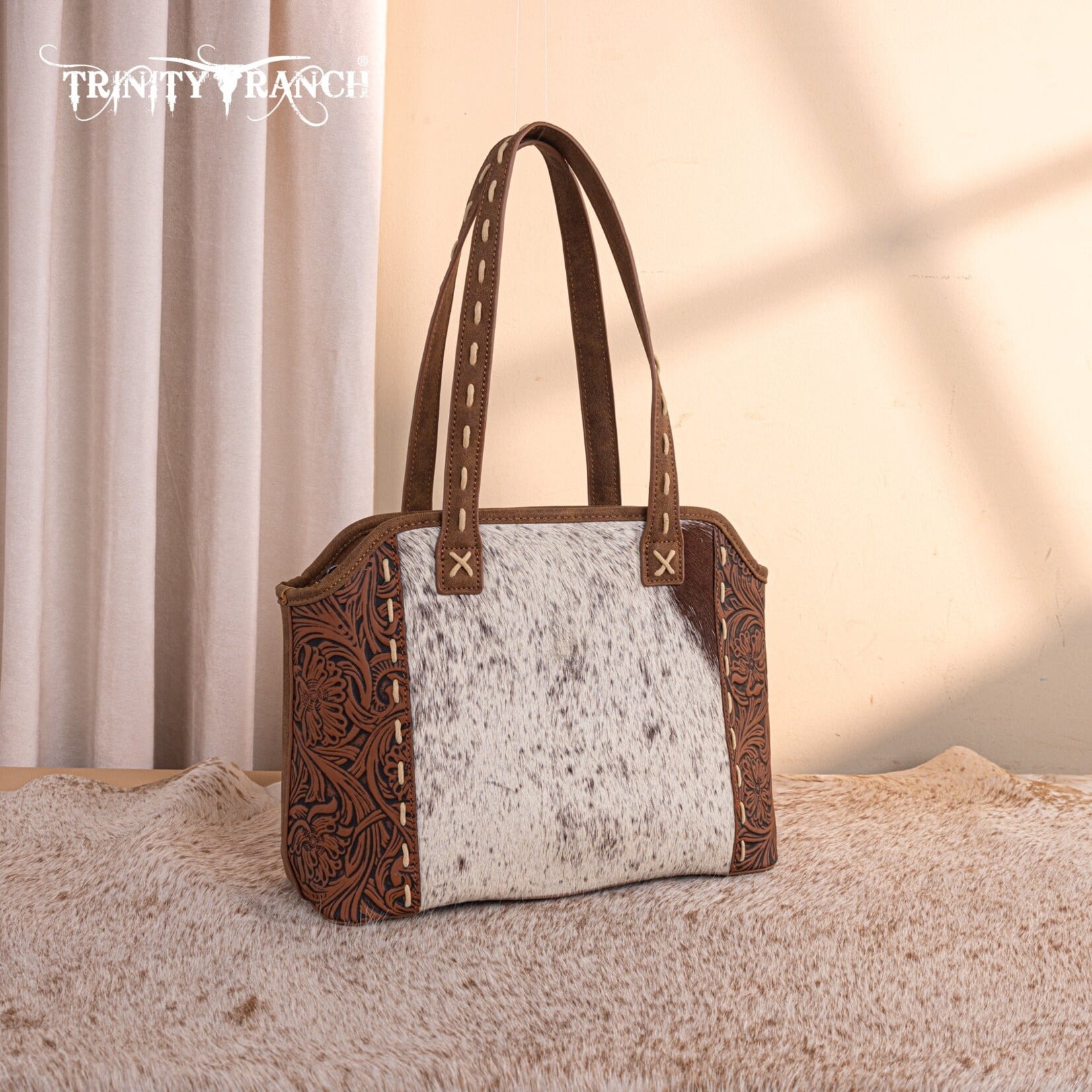 Trinity Ranch TR199G-8260BR - Brown - Trinity Ranch Genuine Hair-On Cowhide Tooled Concealed Carry Tote