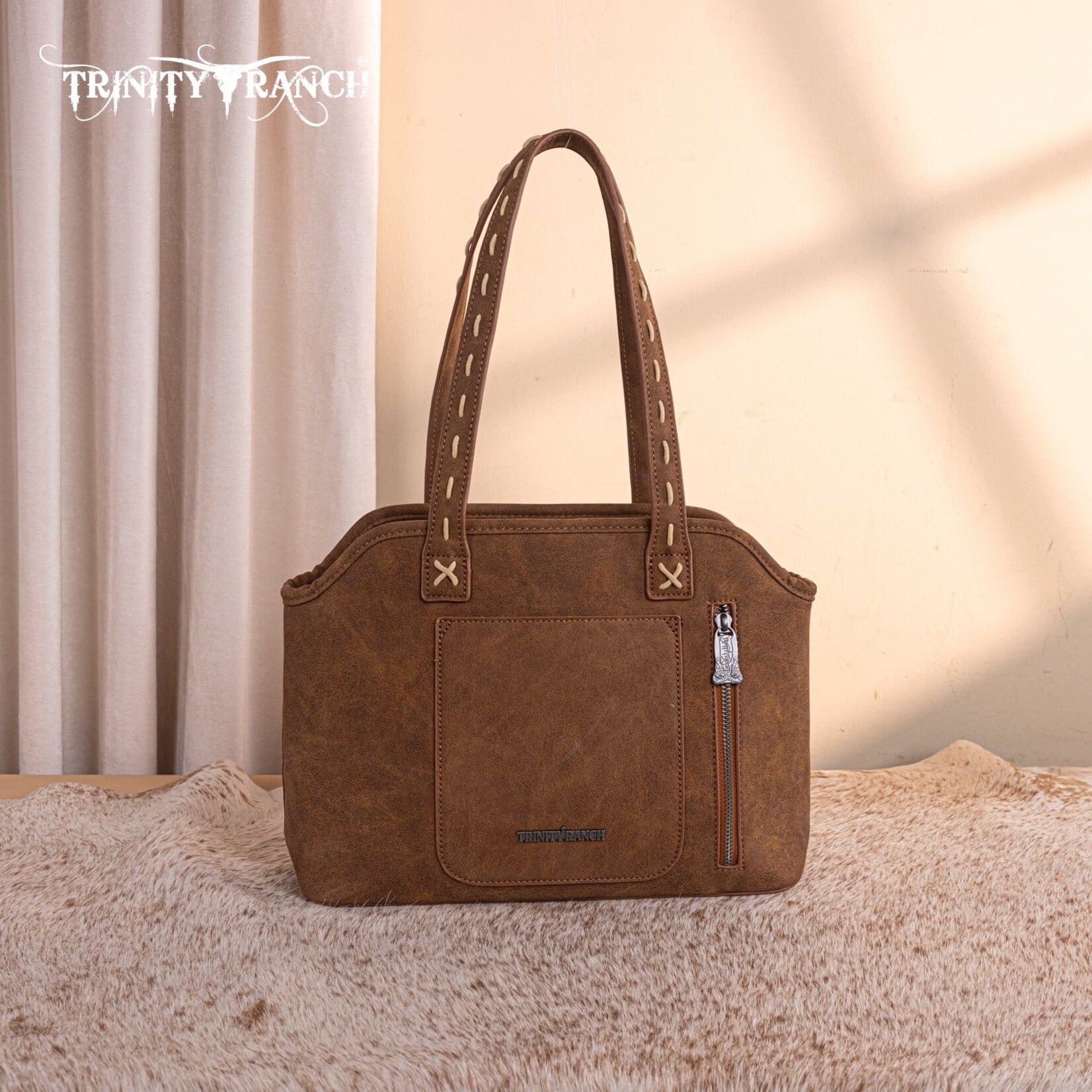 Trinity Ranch TR199G-8260BR - Brown - Trinity Ranch Genuine Hair-On Cowhide Tooled Concealed Carry Tote