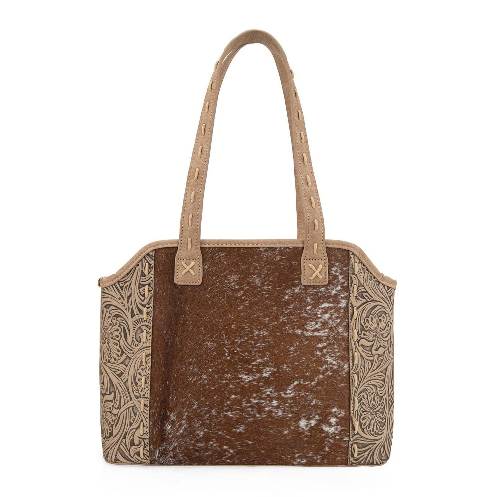 Trinity Ranch TR199G-8260TN - Tan - Trinity Ranch Genuine Hair-On Cowhide Tooled Concealed Carry Tote