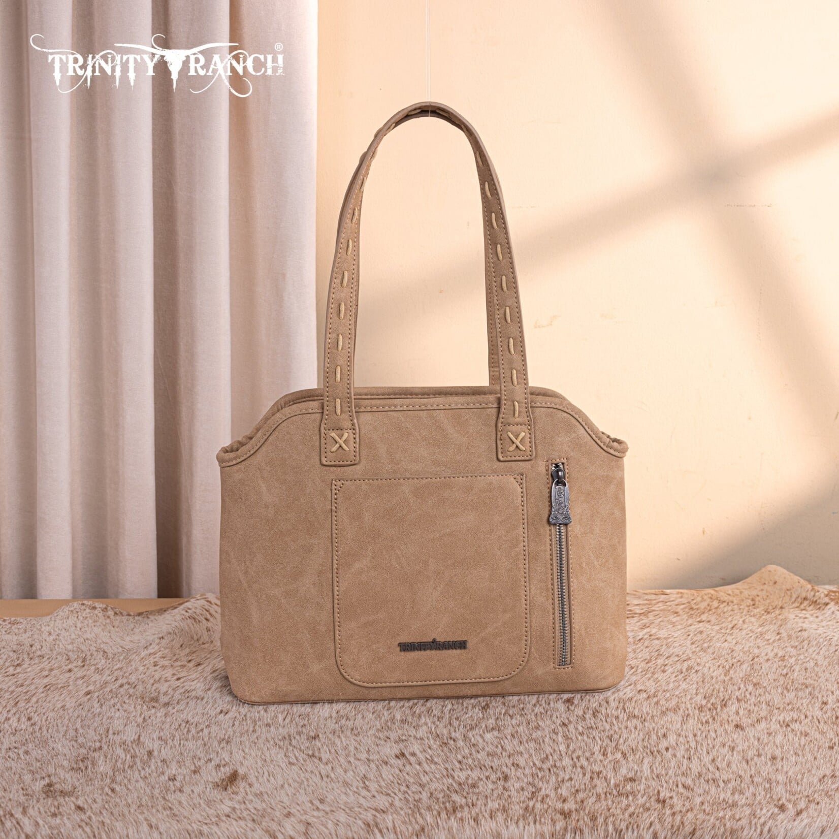 Trinity Ranch TR199G-8260TN - Tan - Trinity Ranch Genuine Hair-On Cowhide Tooled Concealed Carry Tote